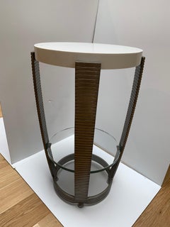 Functional Art Deco Iron Side Table, Polished White Marble Top, Glass Shelf