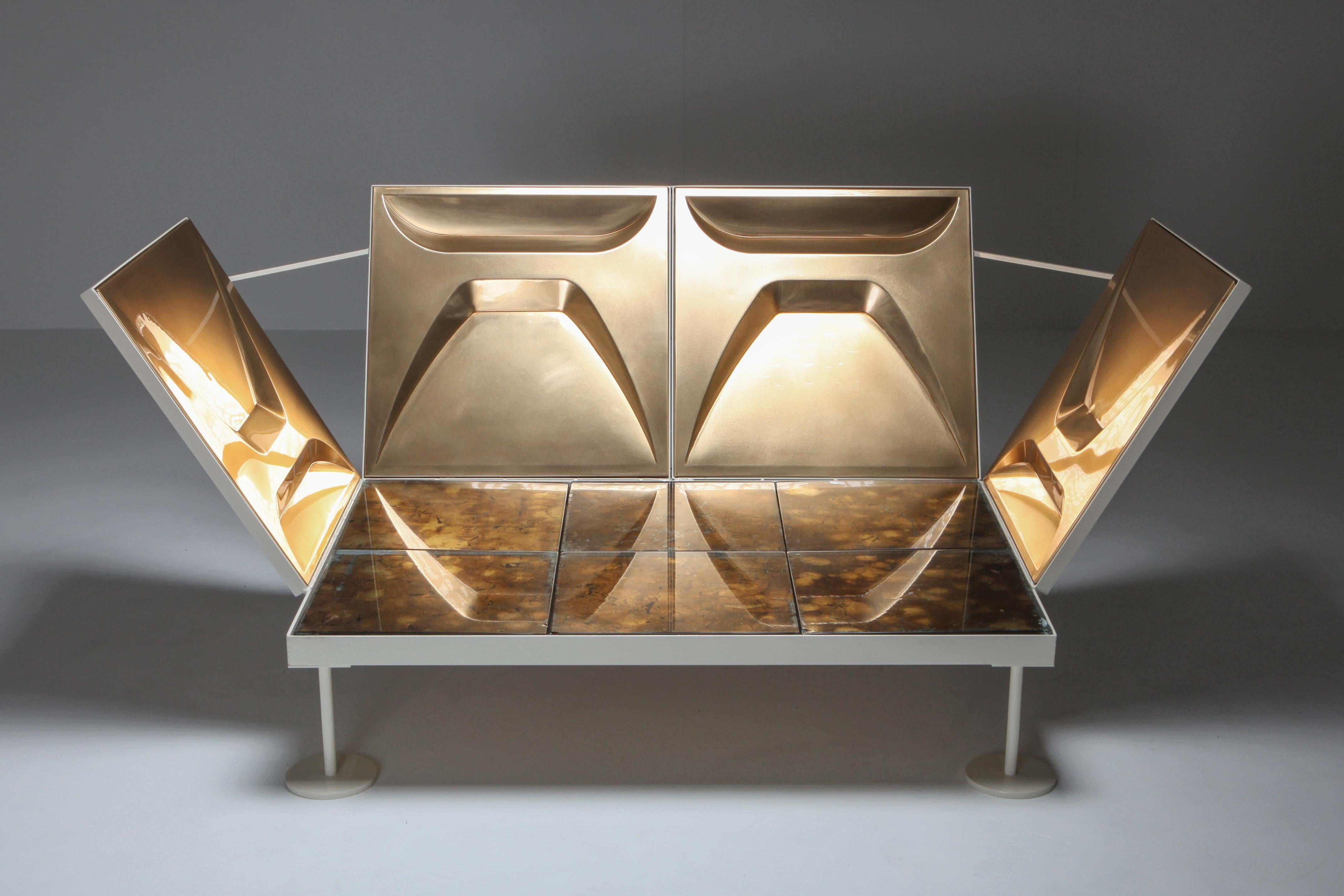 Billie Jean seat by Belgian artist Lionel Jadot, renowned for his unique assemblage of various historical elements into captivating and unique designs. 

This seat is made with 1960s’ copper sheets from a facade and gilded leaf glass tiles from a