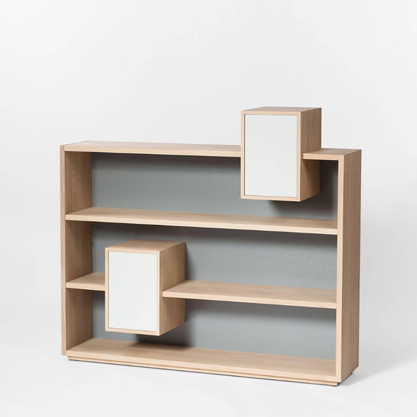 Shelve functional 100% solid French raw oak, from sustainable
Forests, France. With grey back and two white doors. Back and 
Doors colors can be selected in different colors, on request. 
From Anjou in France.
Available in raw oak, price: