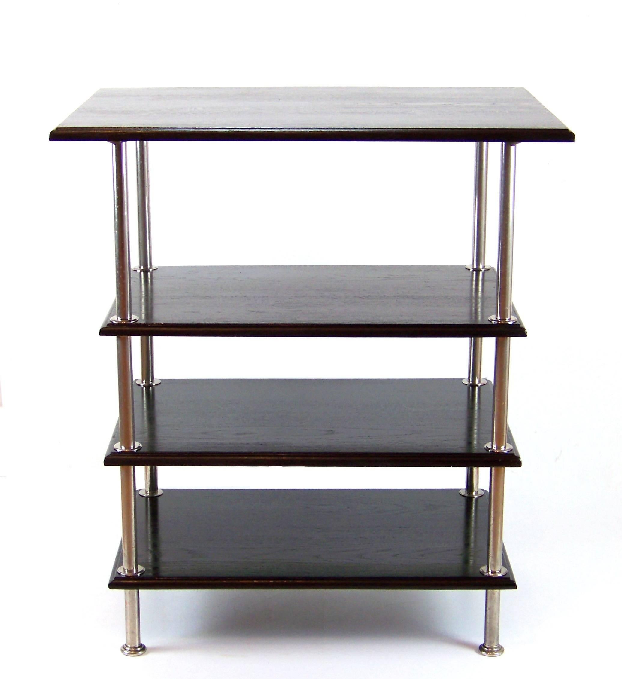 Central European origin. Early functionalist product. Made of chrome brass and massive oak boards. Wood newly restored.