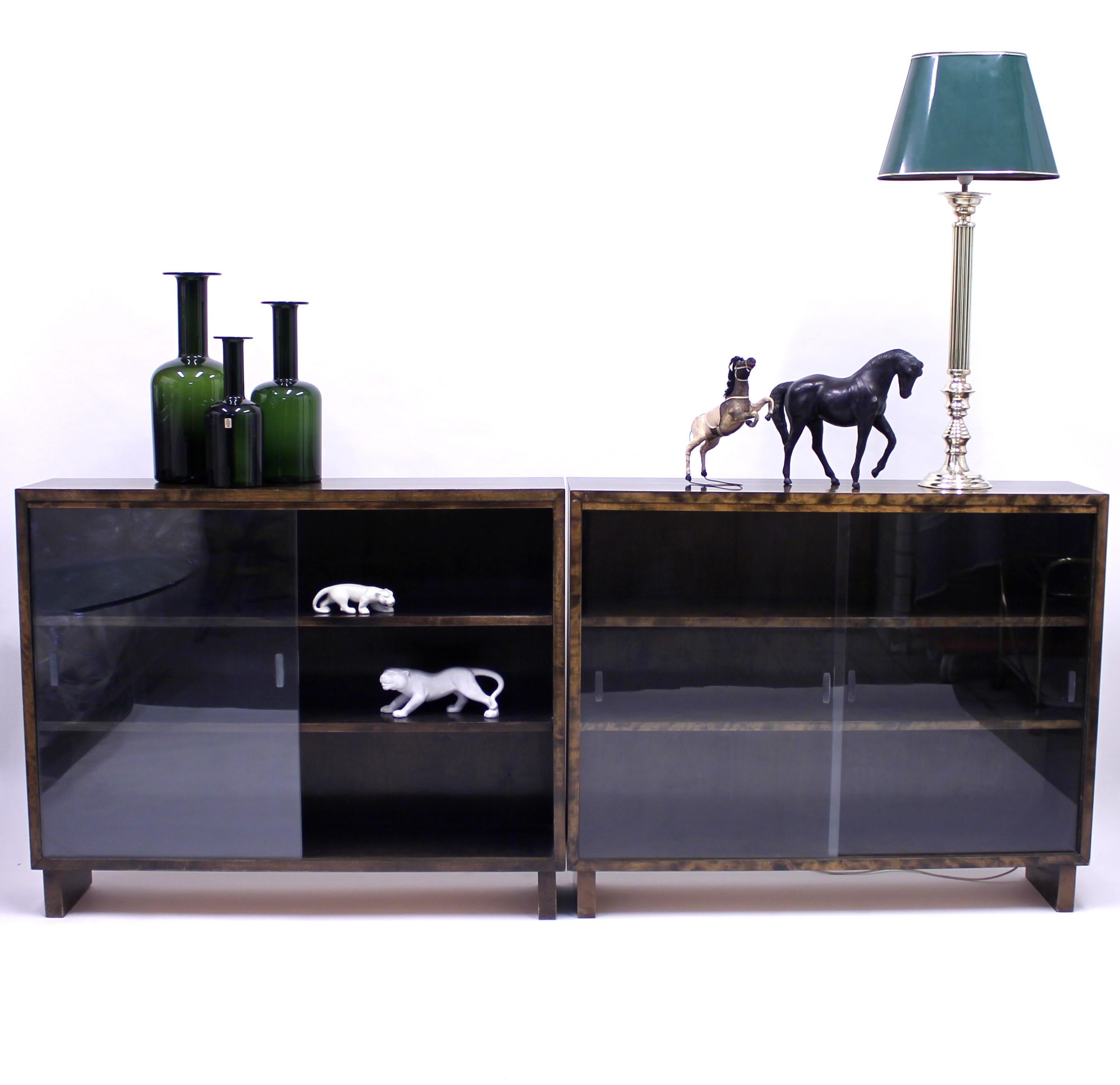 Pair of functionalist Art Deco vitrine book shelves in stained birch with sliding glass doors with three shelves behind. Made in the 1930s, most likely in Sweden. 110 cm wide each so 220 cm wide when storing them side by side. They are also