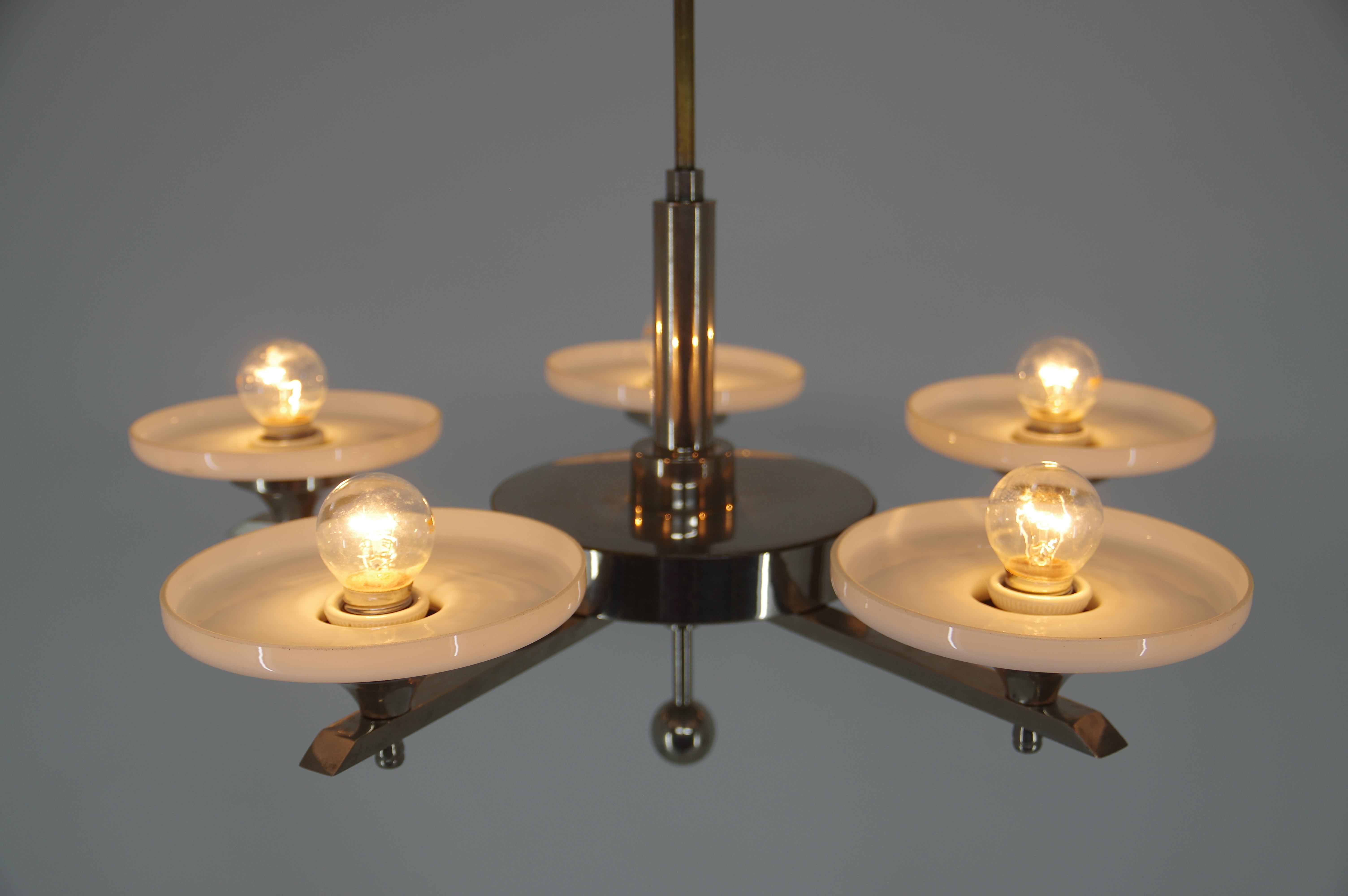 Opaline Glass Functionalist Chrome-Plated Chandelier, 1930s For Sale