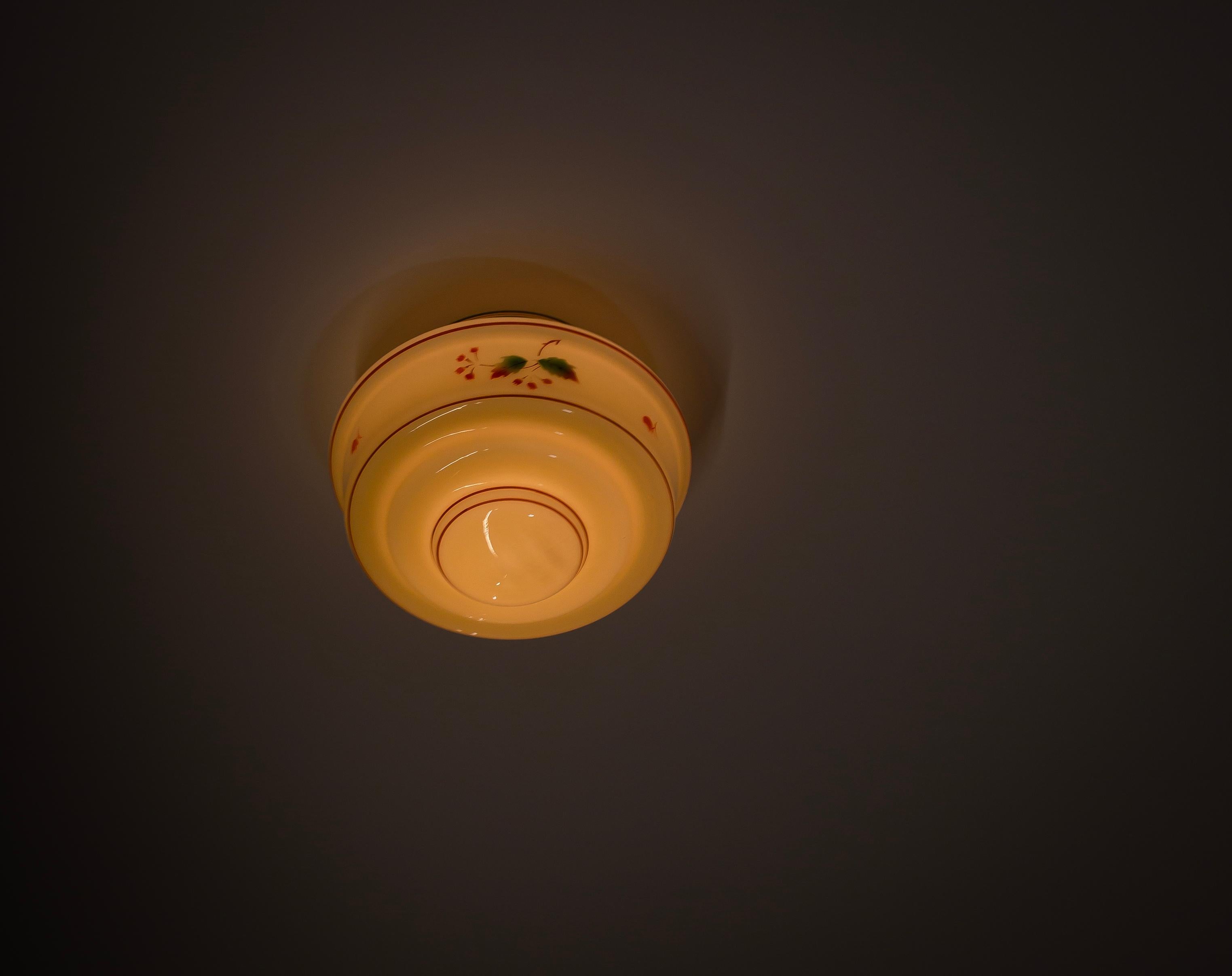 Opaline Glass Functionalist Flush Mount Ceiling Light, 1950s For Sale