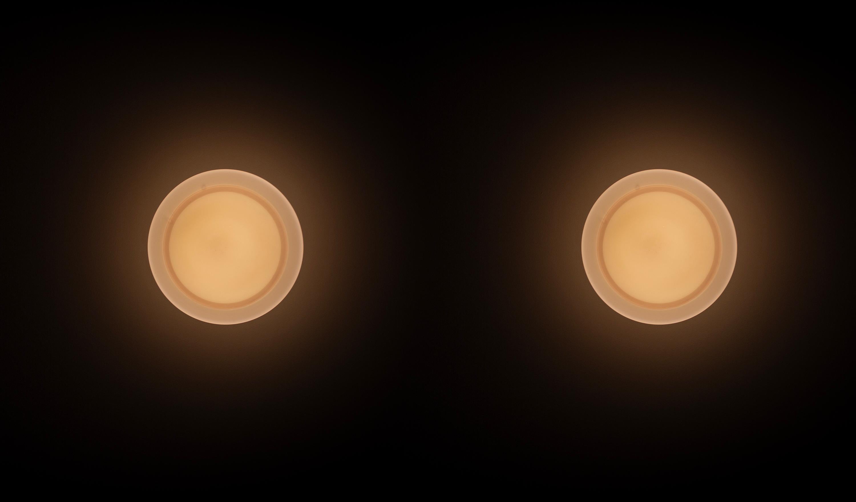 Opaline Glass Functionalist Pair of Flush Mount Ceiling Lights, 1950s