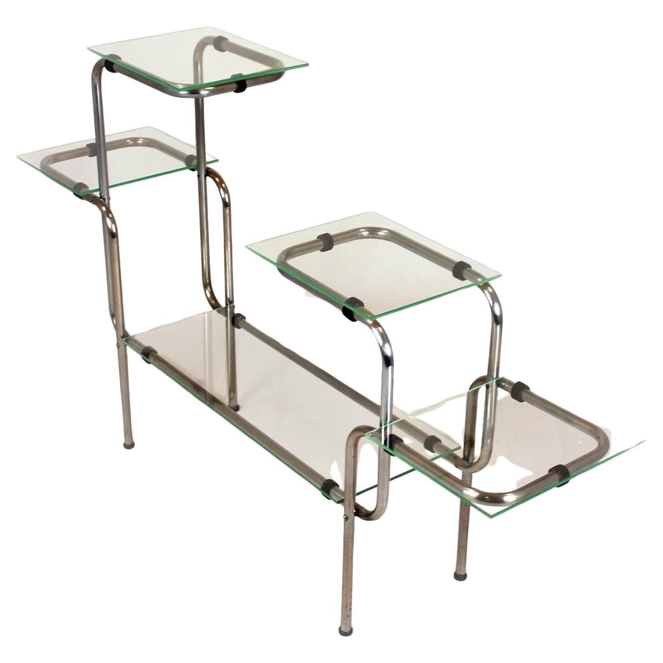 Functionalist Plant Stand in Bauhaus Style, Chrome and Glass, Czechia, 1930s For Sale