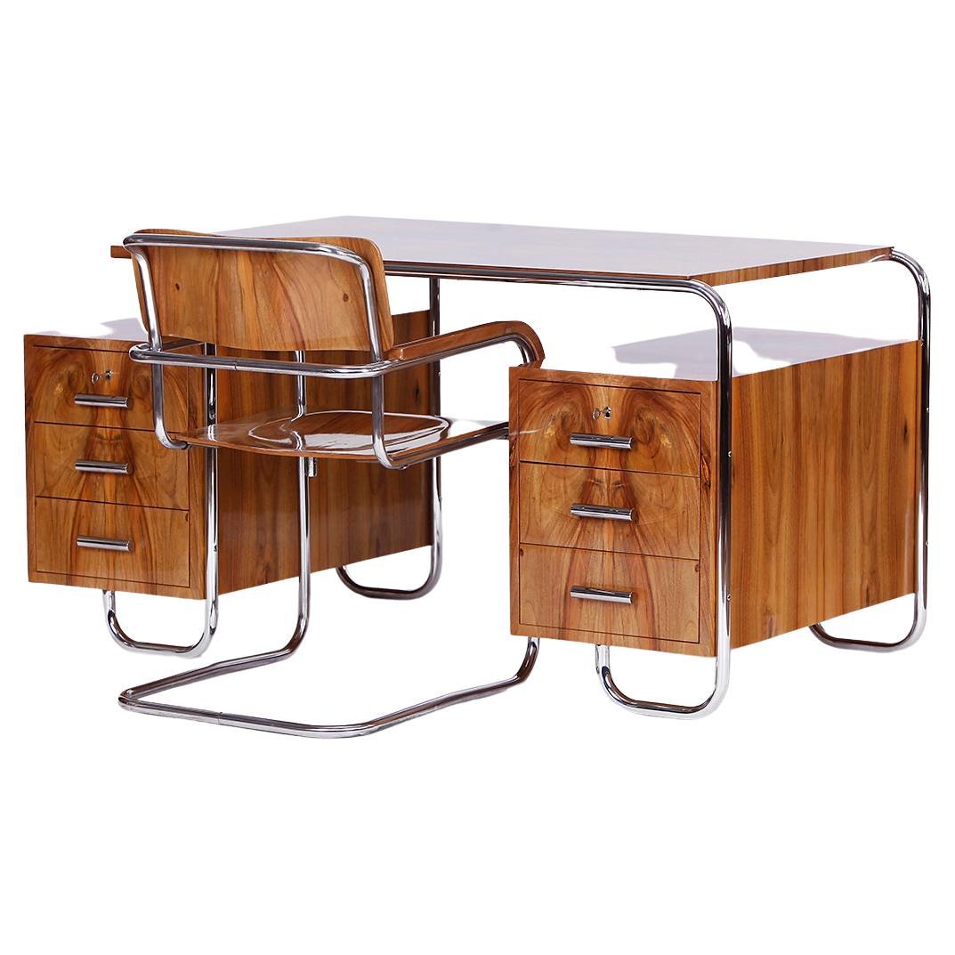 Functionalist Tubular Steel Desk by Gottwald and Chair by Slezak 1930s For Sale