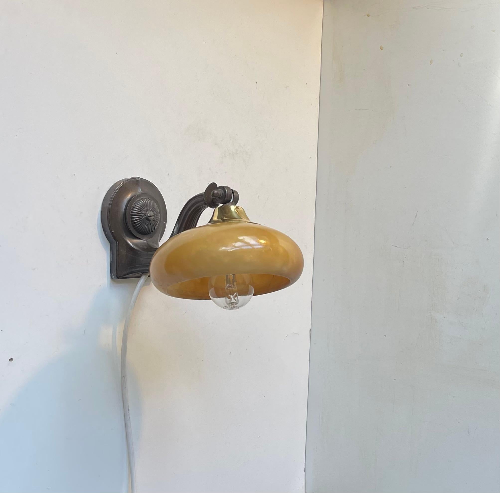 European Functionalist Wall Lamp with Honey Alabaster Stone Shade, 1940s For Sale