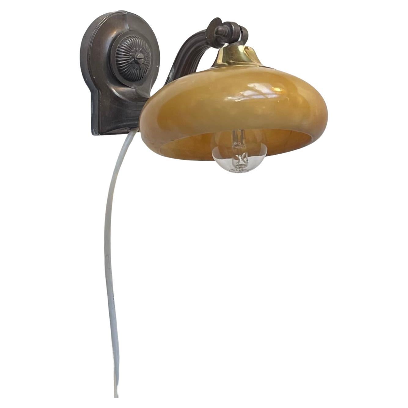 Patinated Functionalist Wall Lamp with Honey Alabaster Stone Shade, 1940s For Sale