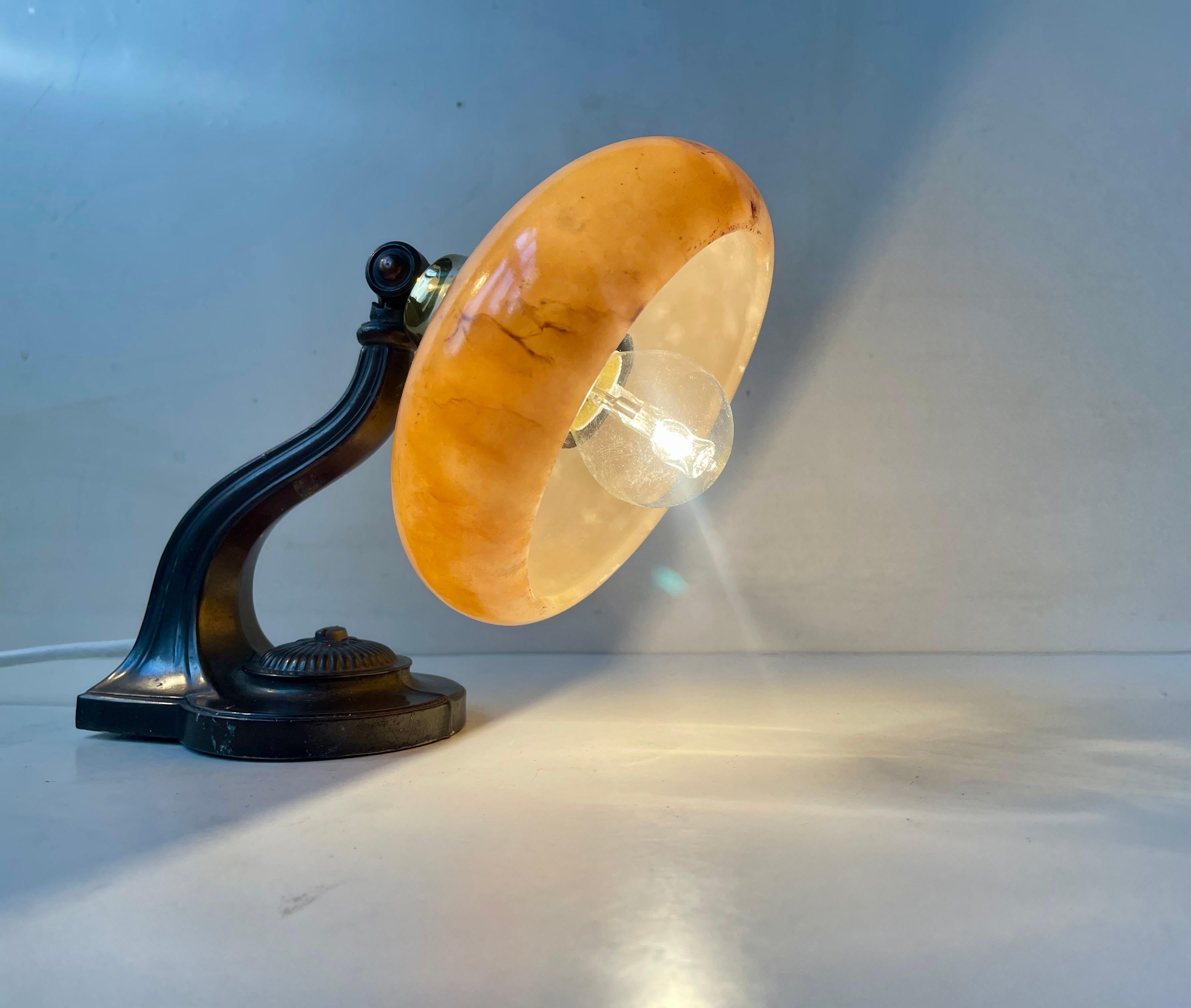 Metal Functionalist Wall Lamp with Honey Alabaster Stone Shade, 1940s For Sale