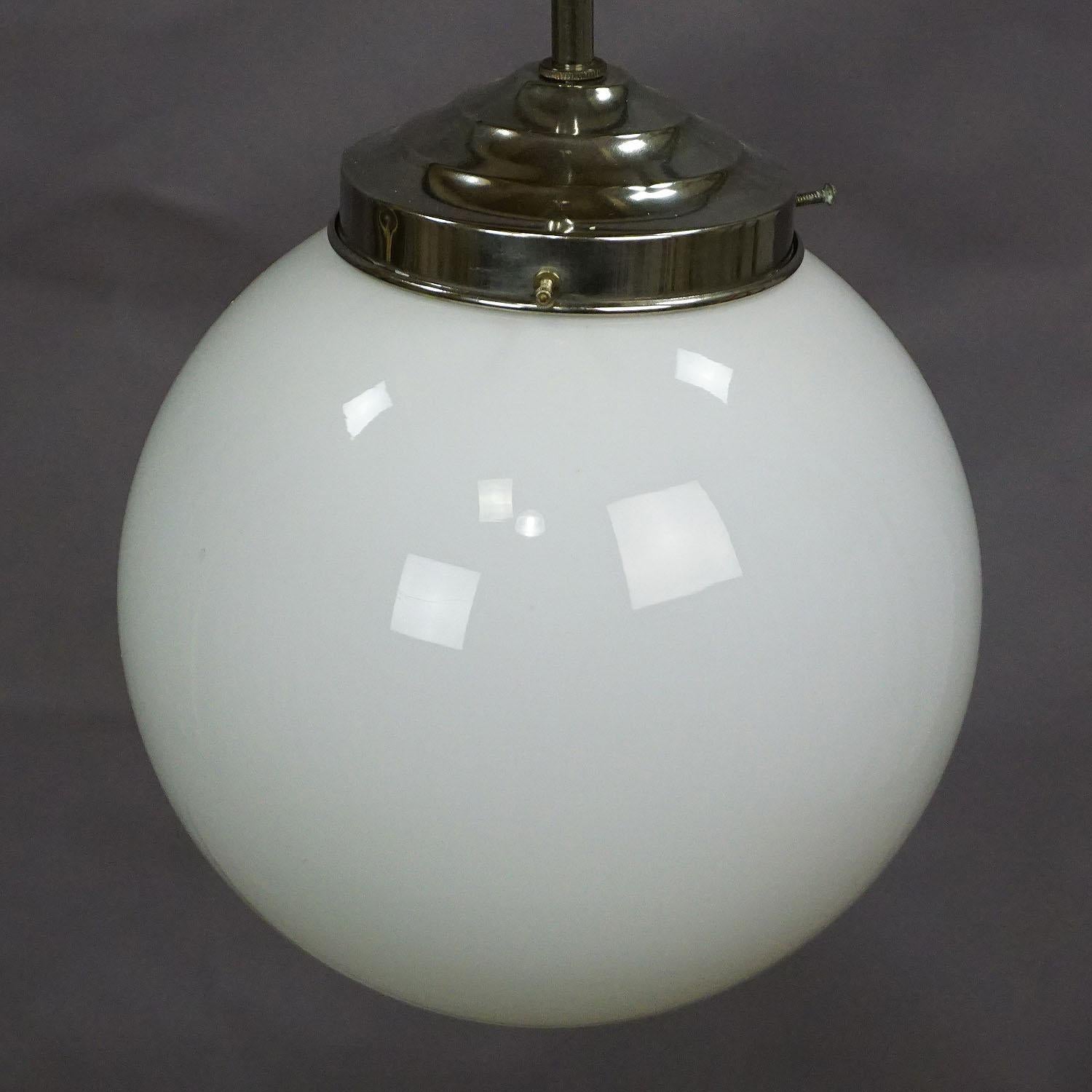 German Functionalistic Bauhaus Style Pendant Light with Opaline Glass Shade For Sale