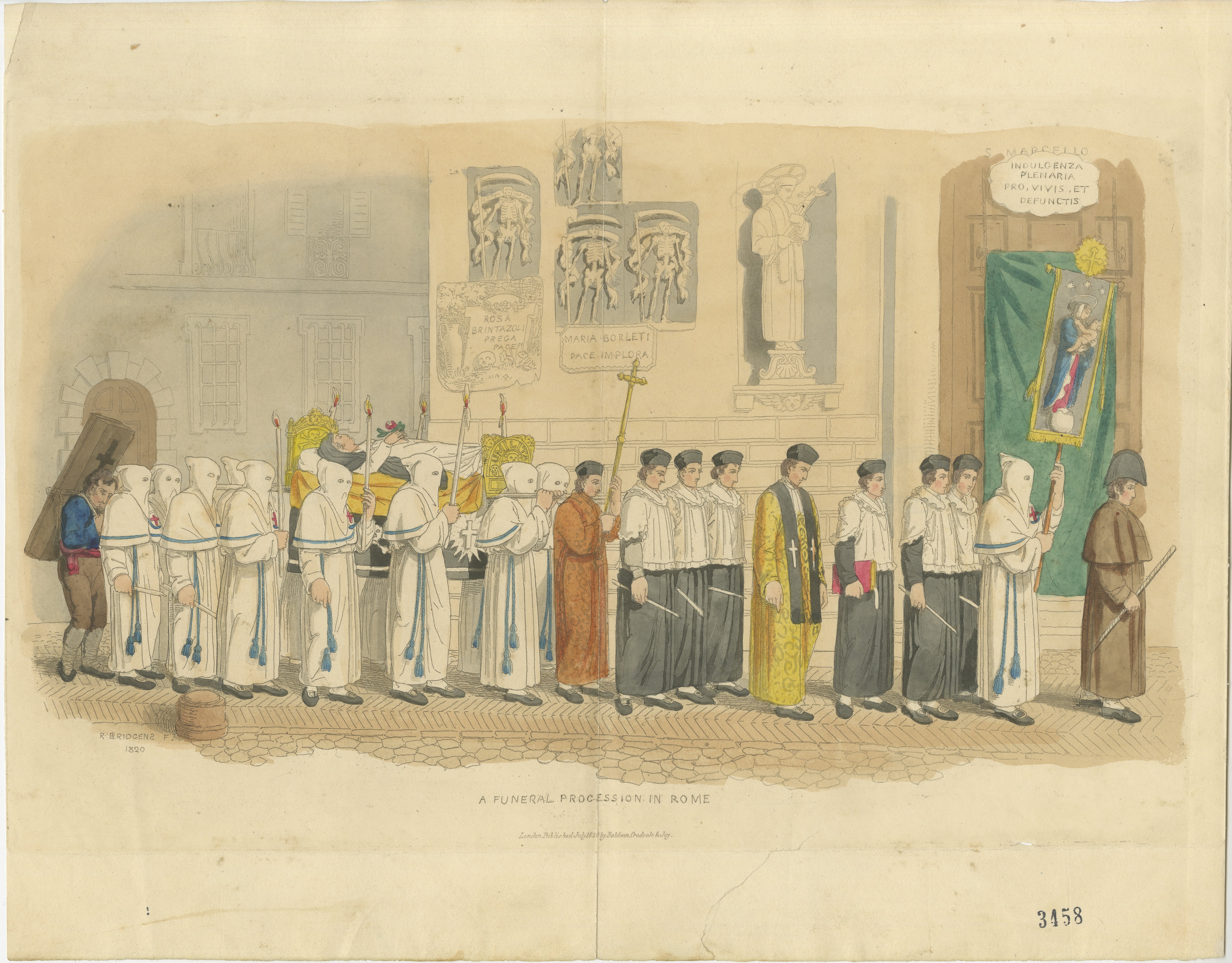 Leichenzug in Rom mit Kapuzenfiguren und Geistlichen, London 1820

Dieser bemerkenswerte handkolorierte Druck mit dem Titel 