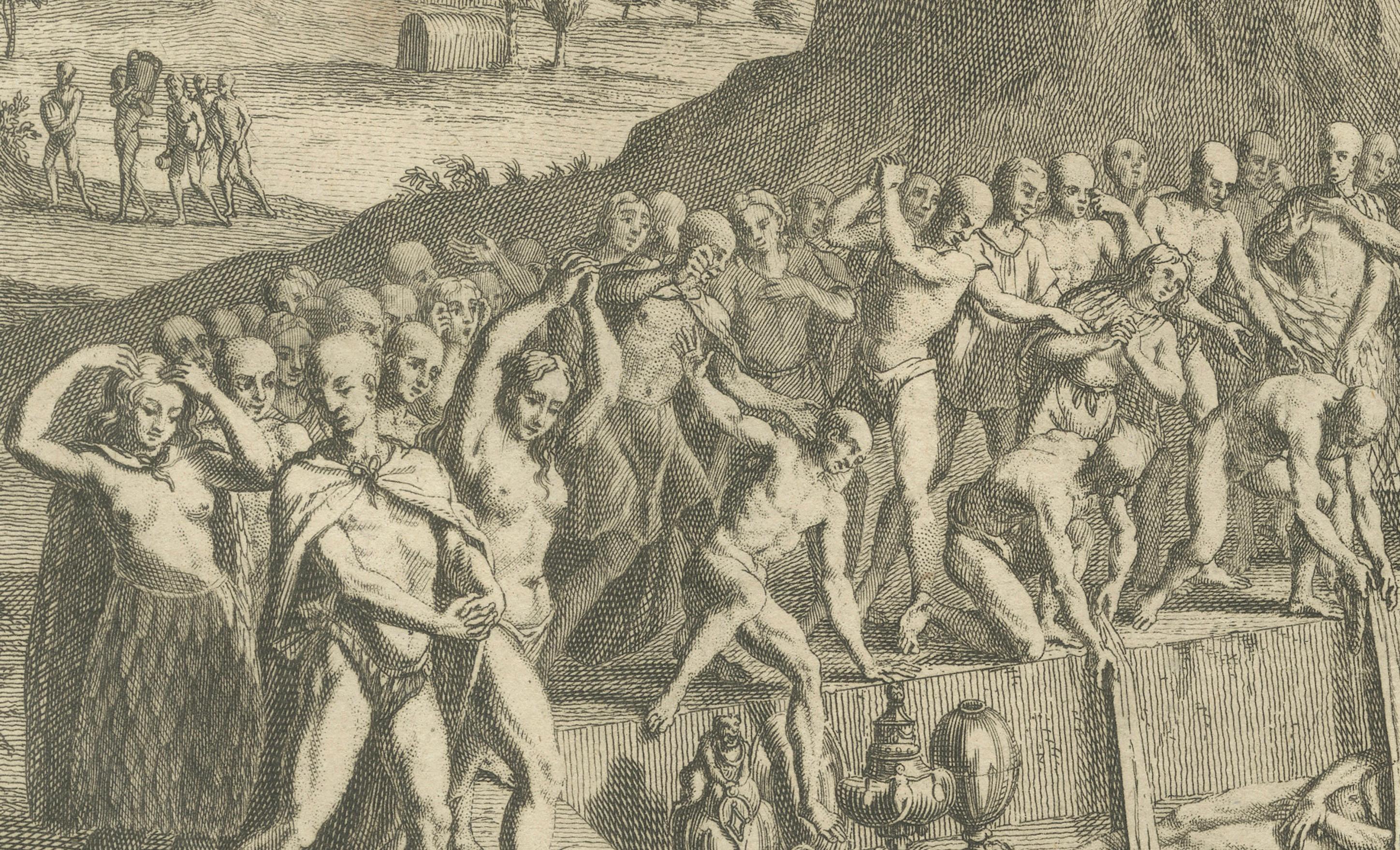 Título: Ritos funerarios y entierro de los nobles incas - Raro grabado de 1734 sobre las costumbres peruanas

Descripción: Este detallado grabado en cobre de 1734 presenta dos escenas dramáticas que representan las costumbres funerarias y de