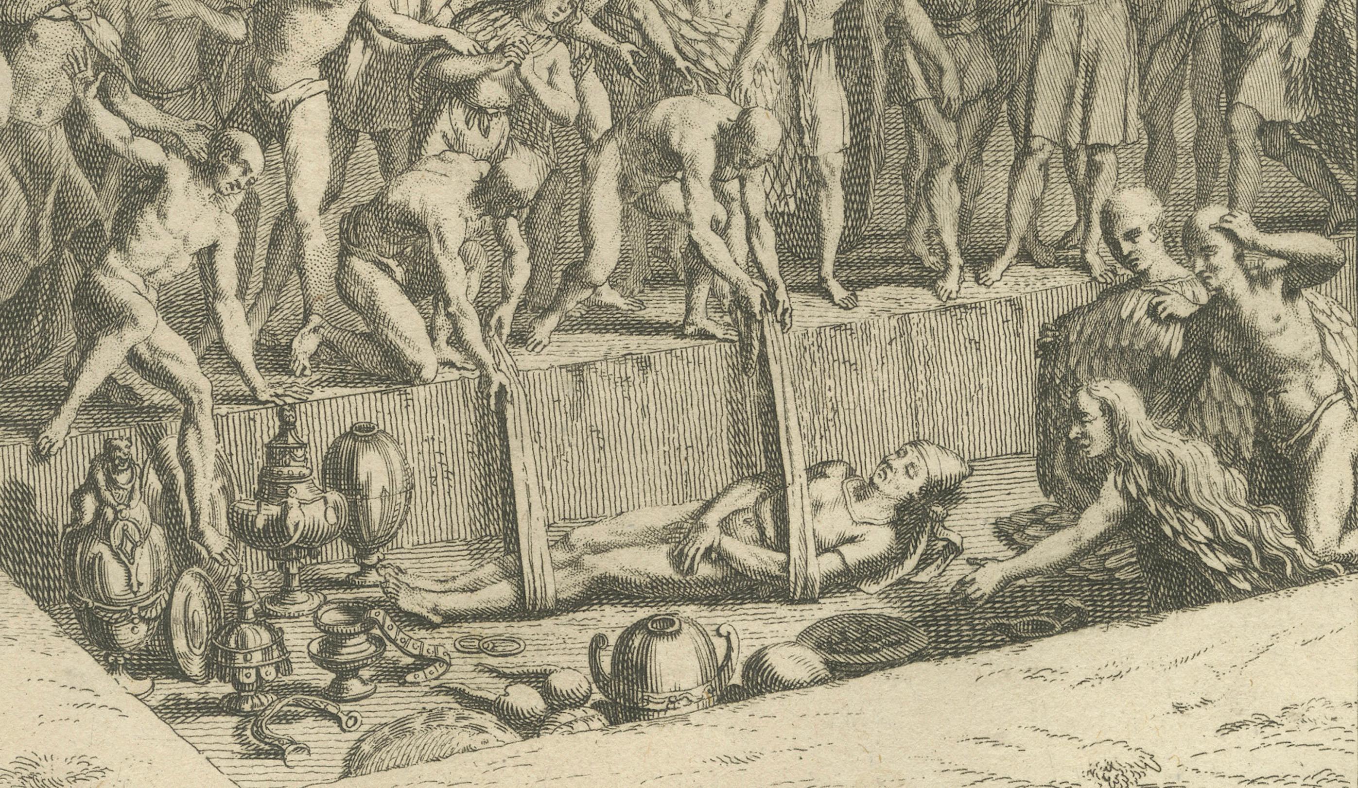 Ritos funerarios y entierro de los nobles incas - Grabado de 1734 de la antigua costumbre peruana en Bueno estado para la venta en Langweer, NL