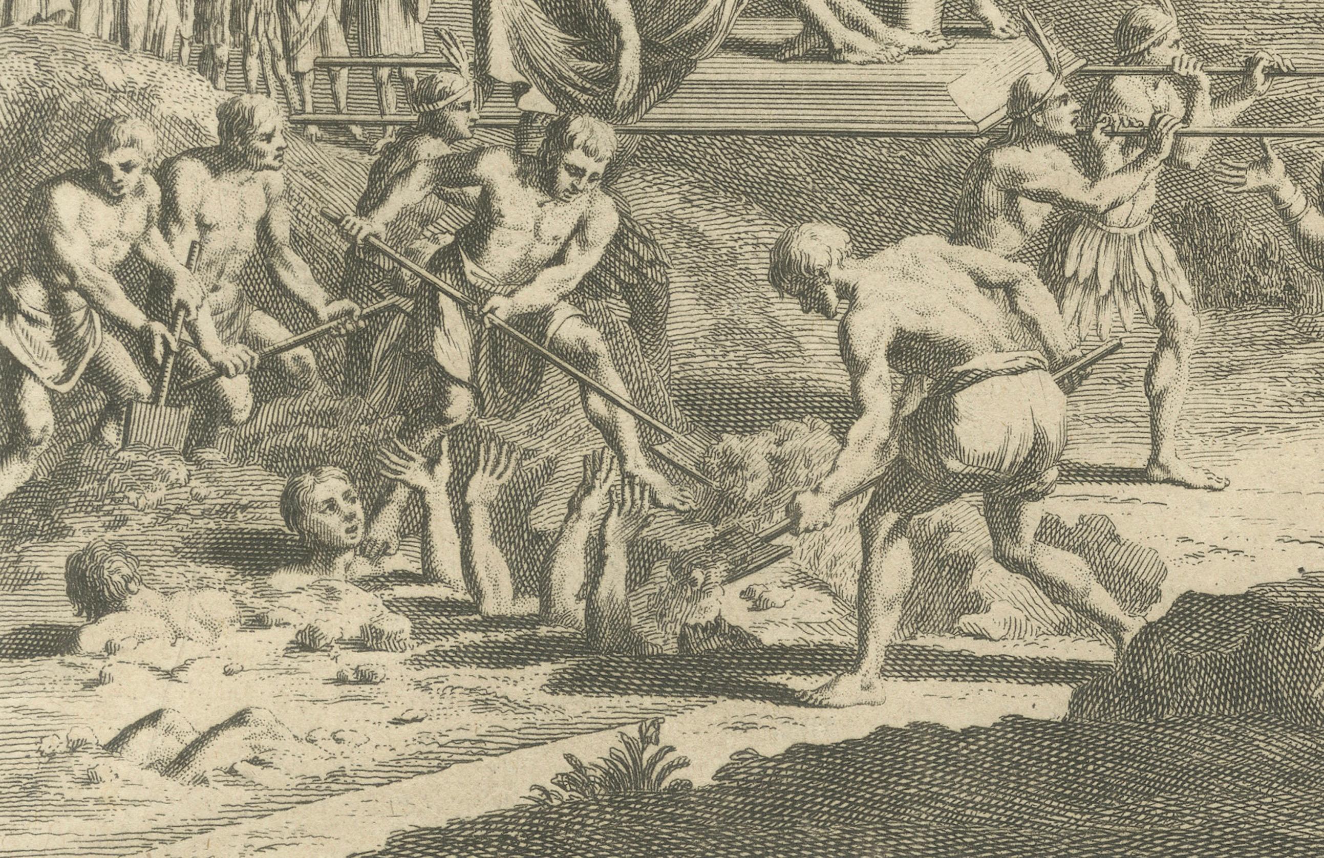 Ritos funerarios y entierro de los nobles incas - Grabado de 1734 de la antigua costumbre peruana en venta 1