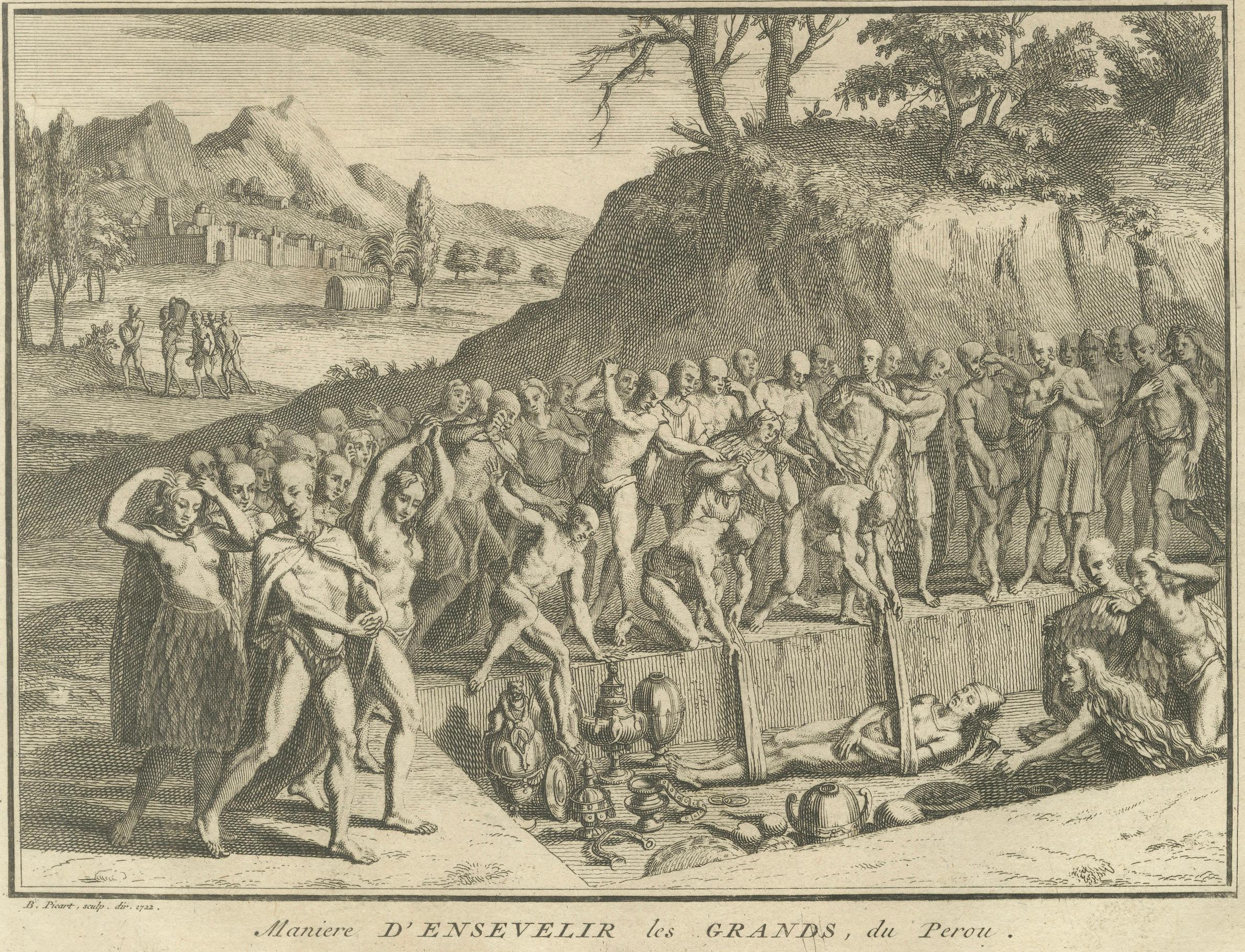 Ritos funerarios y entierro de los nobles incas - Grabado de 1734 de la antigua costumbre peruana en venta 3