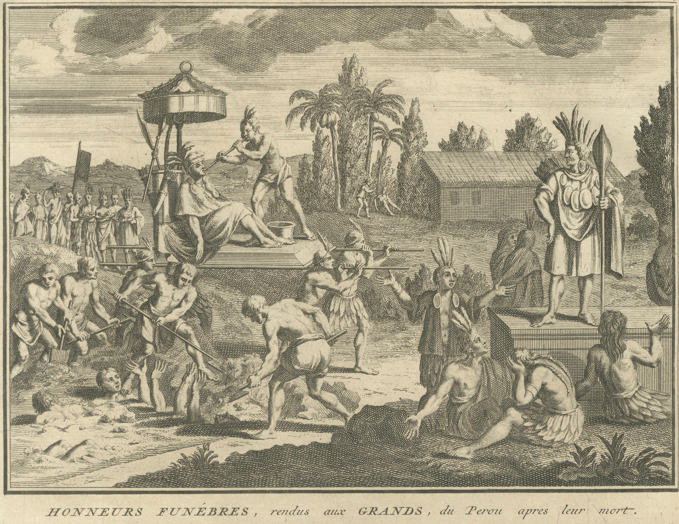 Ritos funerarios y entierro de los nobles incas - Grabado de 1734 de la antigua costumbre peruana en venta 4