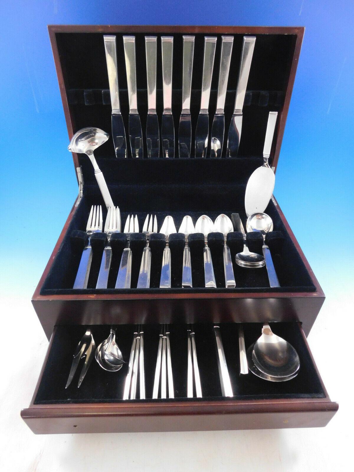 Funkis III by W&S Sorensen Danish sterling silver Scandinavian Modern Flatware set, 67 pieces. This set includes:

8 Dinner Knives, 10