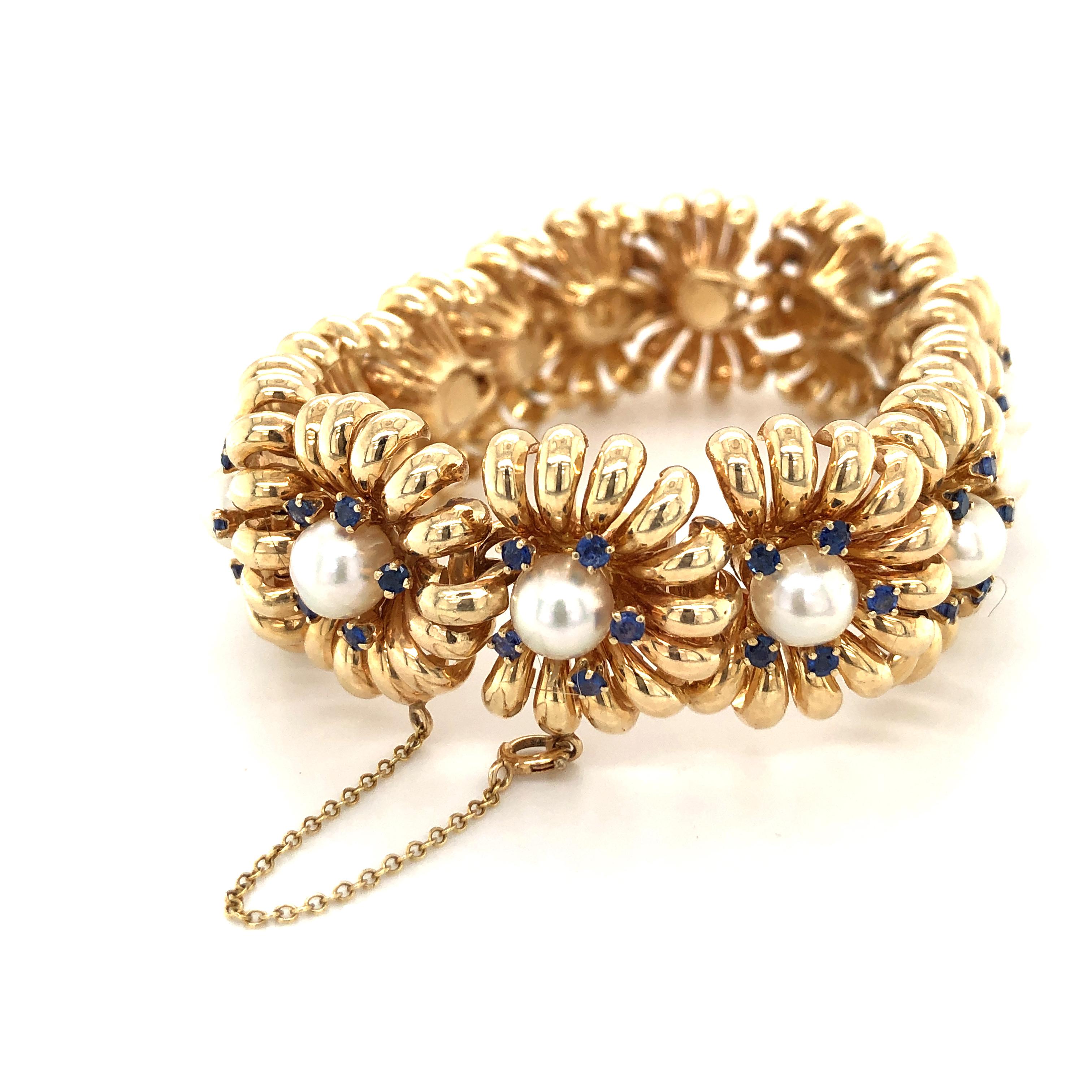 Women's or Men's Funky 1960s Retro Akoya Pearl and Sapphire Bracelet in Gold