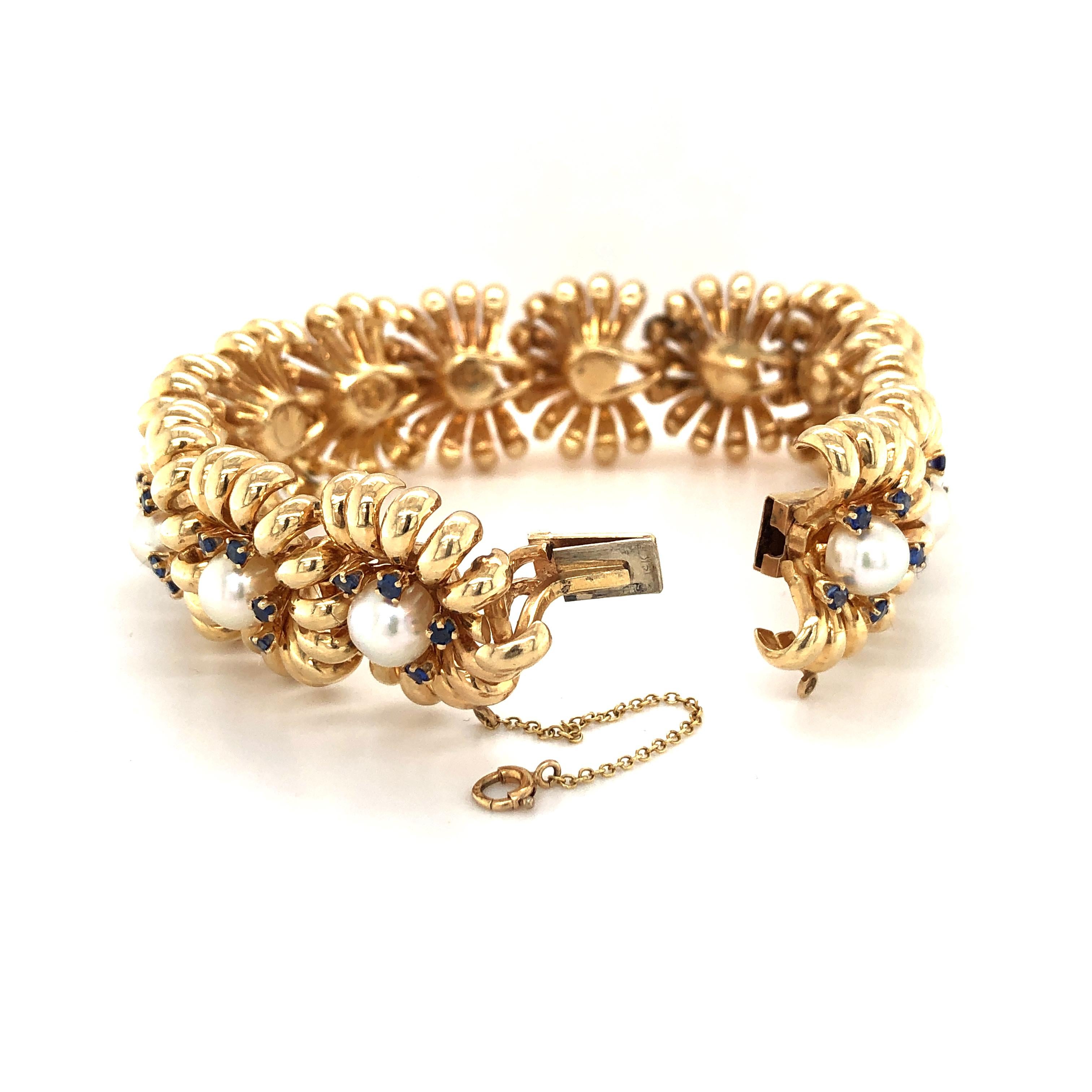 Funky 1960s Retro Akoya Pearl and Sapphire Bracelet in Gold 1