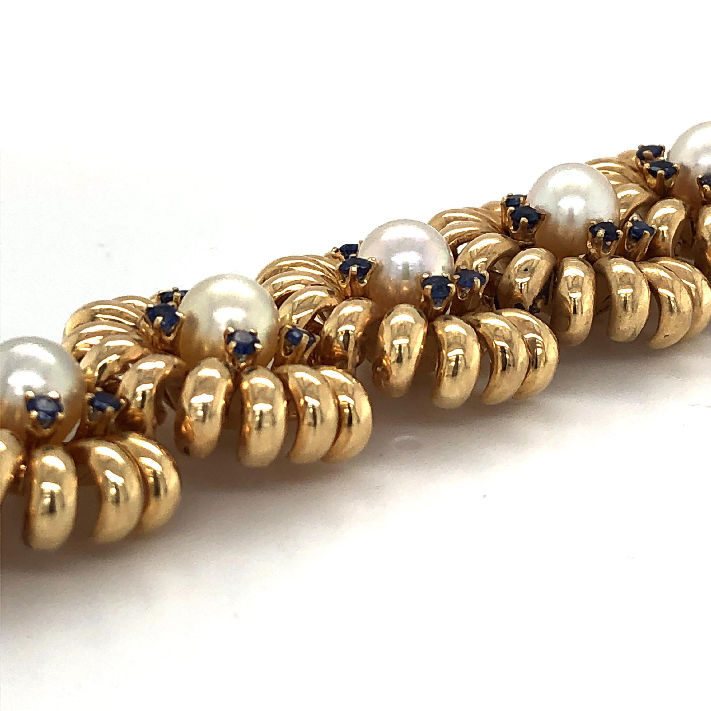 Funky 1960s Retro Akoya Pearl and Sapphire Bracelet in Gold 3