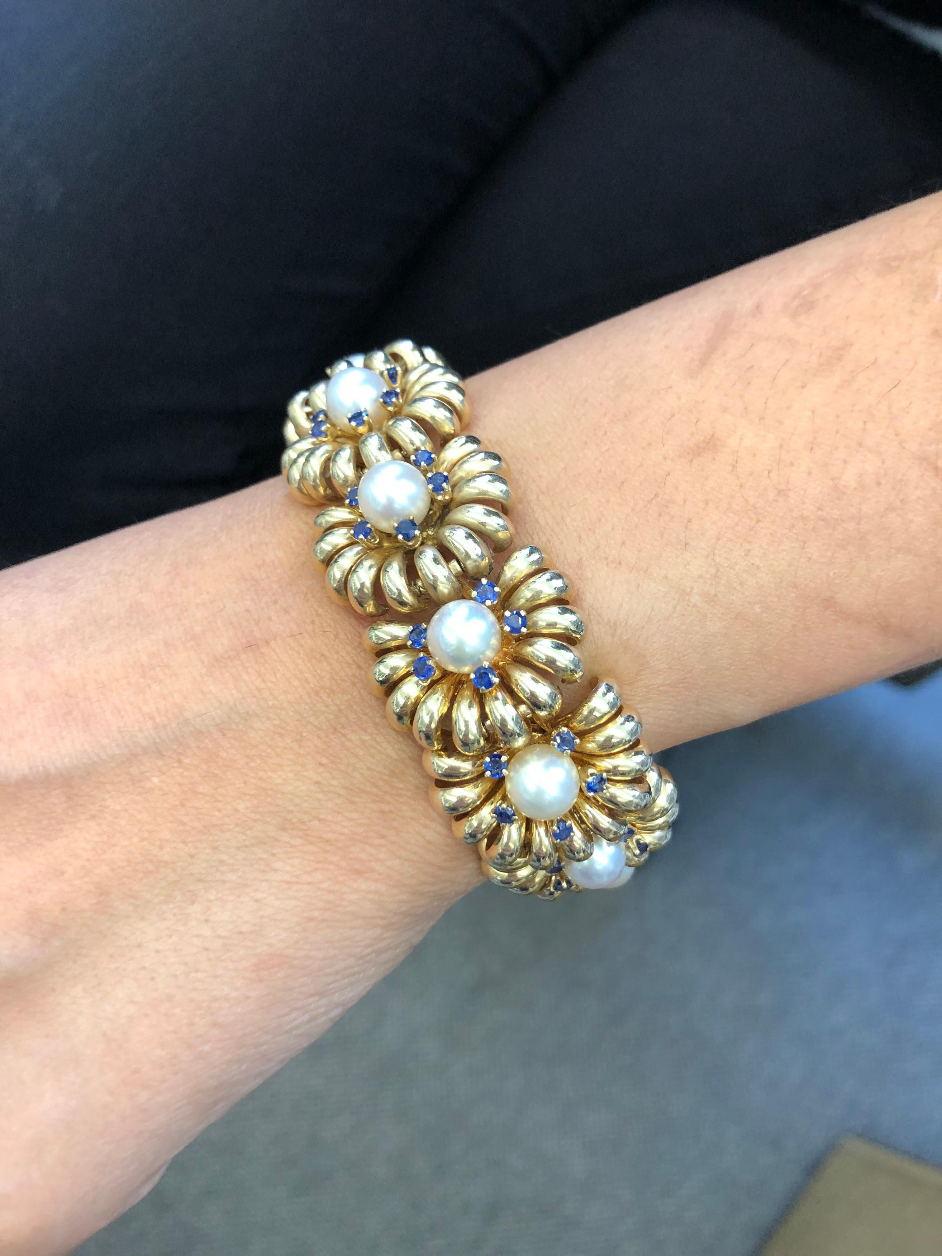 Funky 1960s Retro Akoya Pearl and Sapphire Bracelet in Gold 4