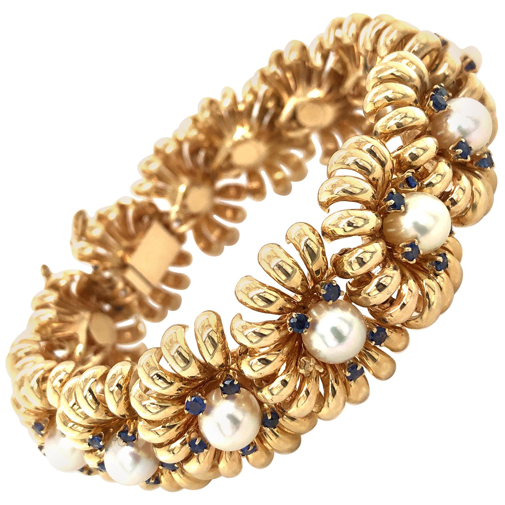 Funky 1960s Retro Akoya Pearl and Sapphire Bracelet in Gold