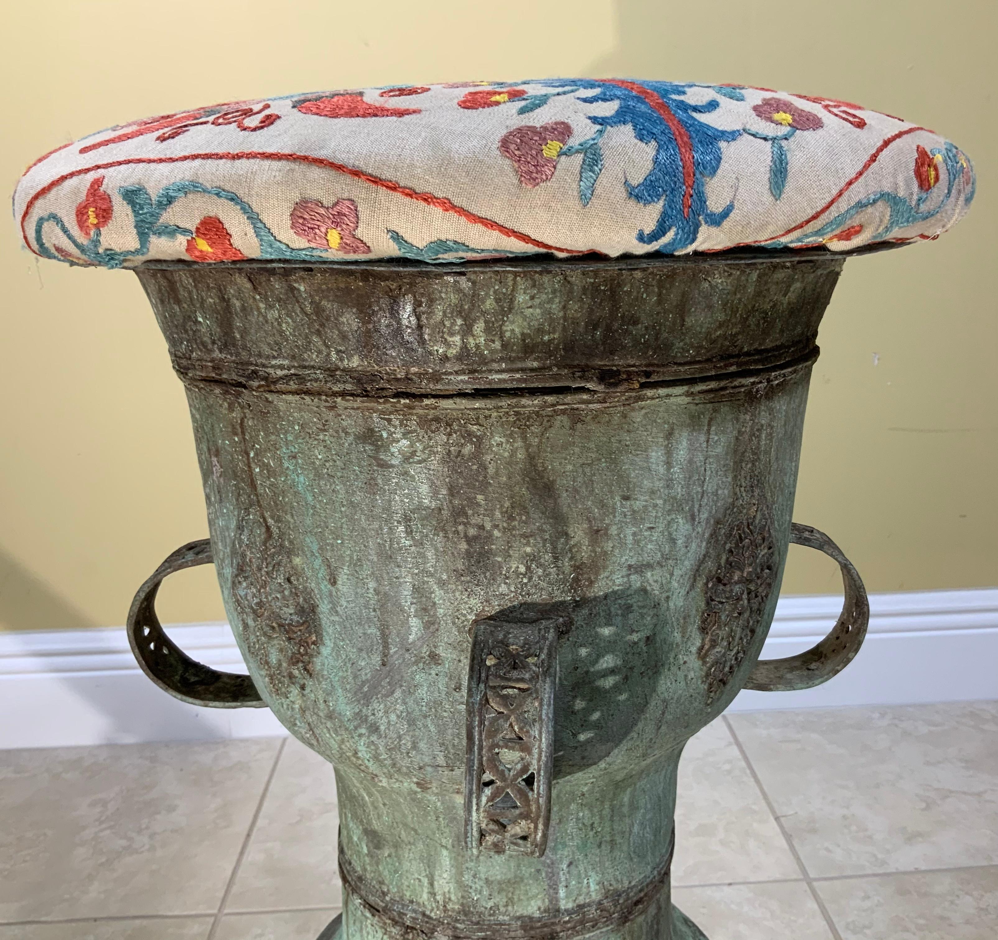 Funky Antique Suzani Bronze Stool or Side Table For Sale 5