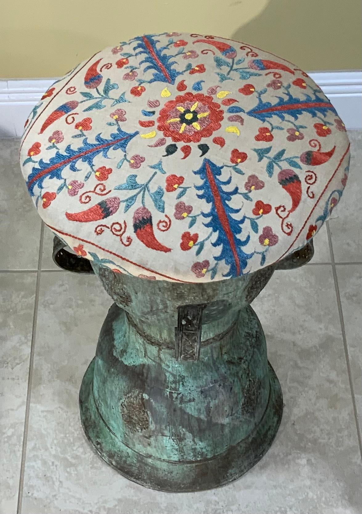 Funky Antique Suzani Bronze Stool or Side Table For Sale 6