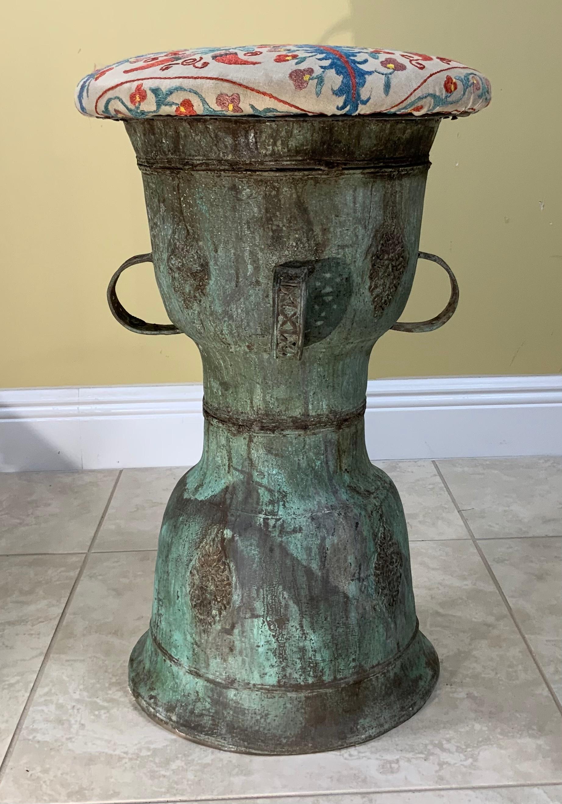 Chinese Funky Antique Suzani Bronze Stool or Side Table For Sale