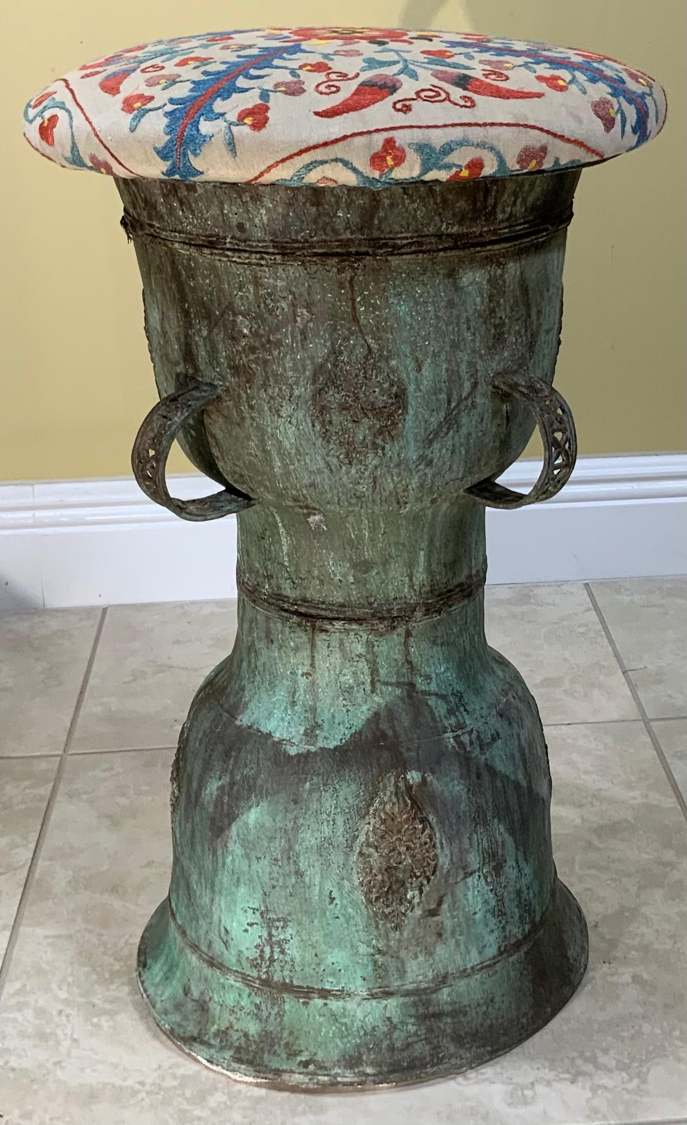 Funky Antique Suzani Bronze Stool or Side Table In Good Condition For Sale In Delray Beach, FL