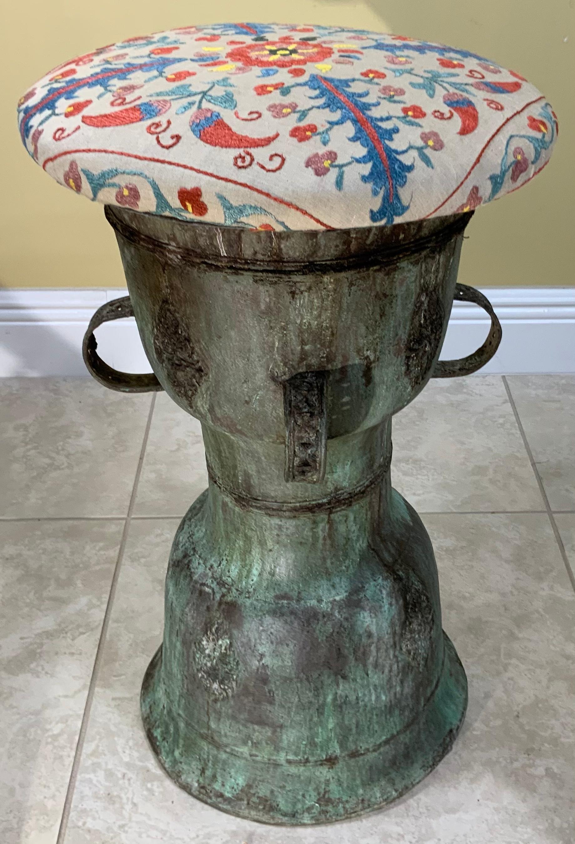 Funky Antique Suzani Bronze Stool or Side Table For Sale 2