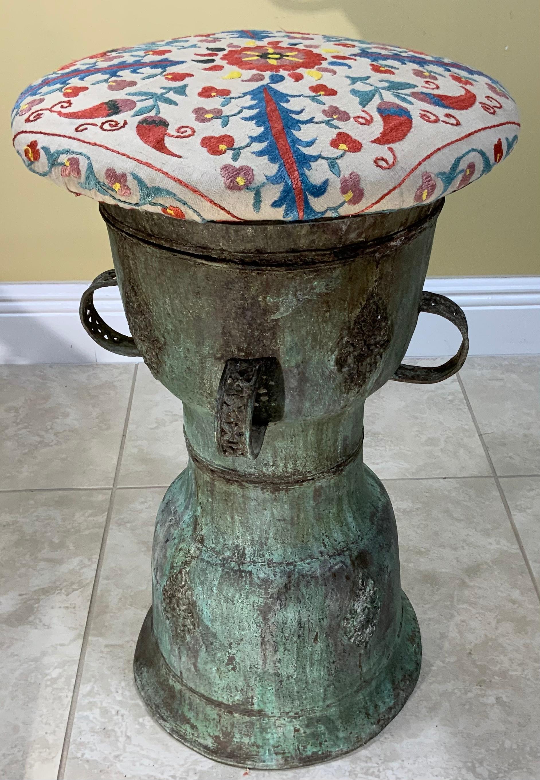 Funky Antique Suzani Bronze Stool or Side Table For Sale 3