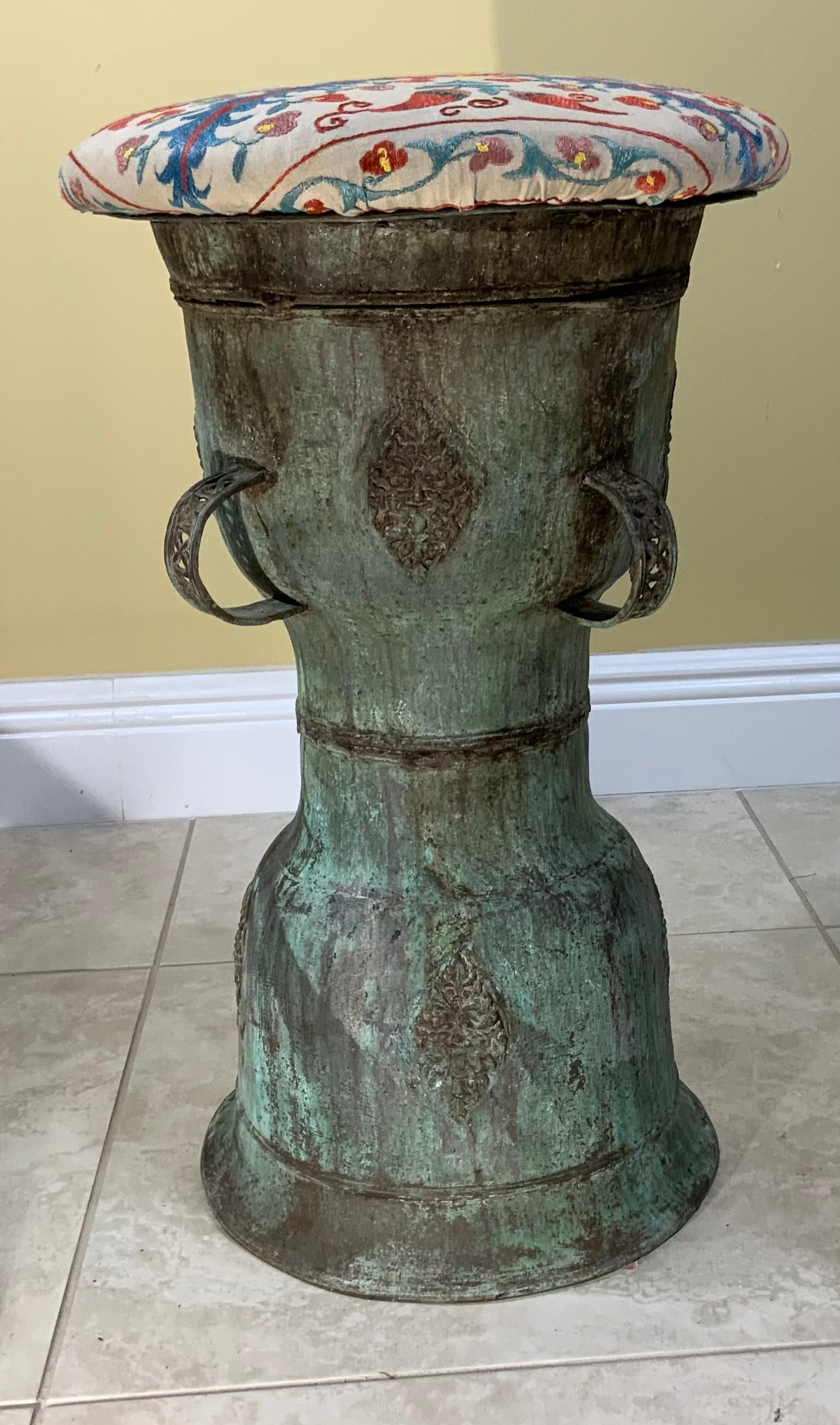 Funky Antique Suzani Bronze Stool or Side Table For Sale 4