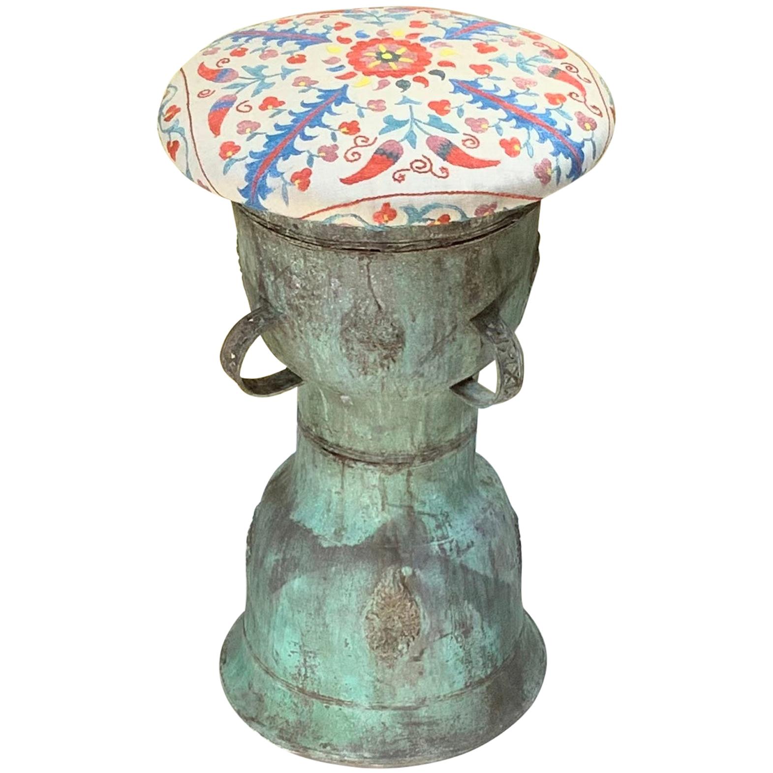 Funky Antique Suzani Bronze Stool or Side Table