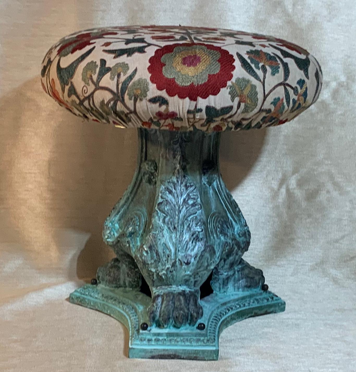 Exceptional stool artistically made of hand embroidery vintage silk Suzani top, professionally mounted on antique bronze base with three clawfeet. Beautiful object of are for room display.