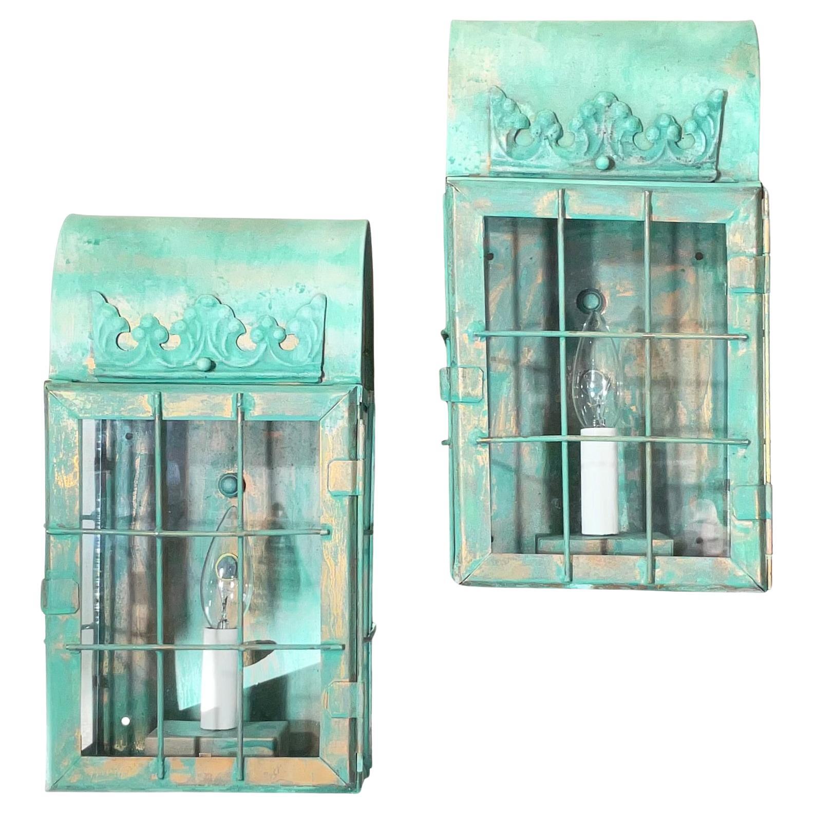 funky artistic hand-crafted solid copper wall lanterns. For Sale