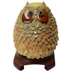 Funky Brutalist School Studio Pottery Owl on Chinese Style Stand