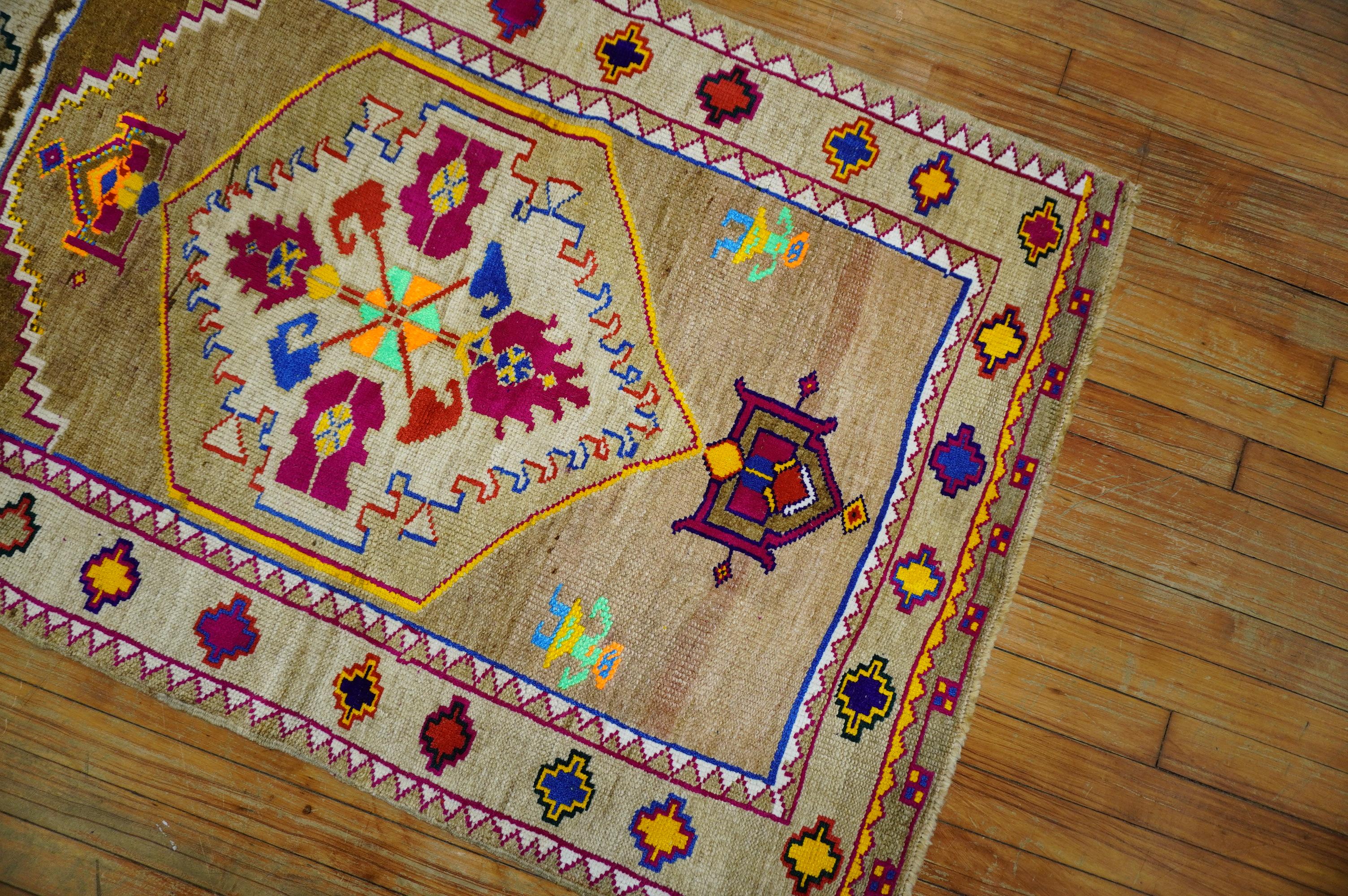 Hand-Woven Funky Color Turkish 20th Century Wool Cotton Scatter Size Pictorial Rug