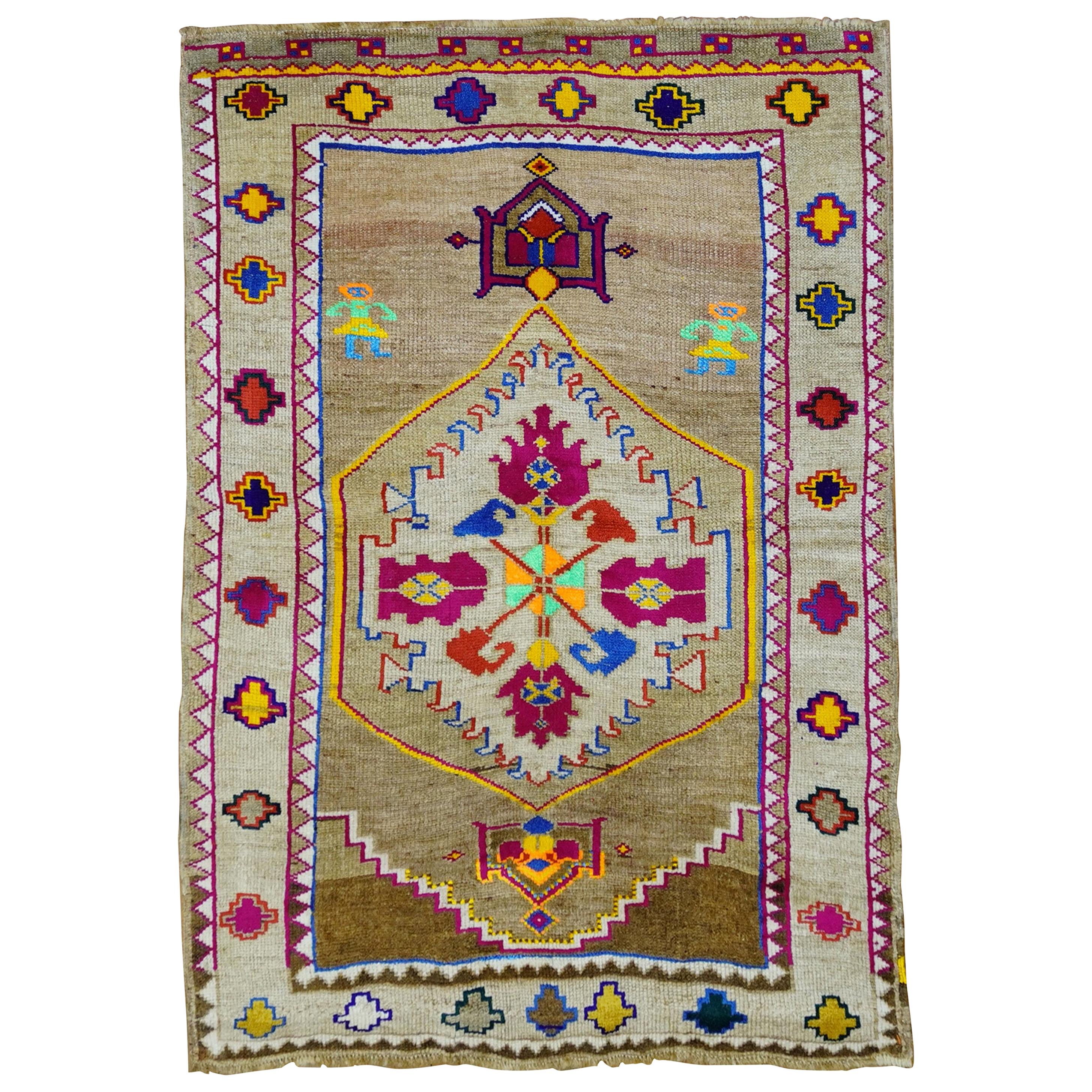 Funky Color Turkish 20th Century Wool Cotton Scatter Size Pictorial Rug