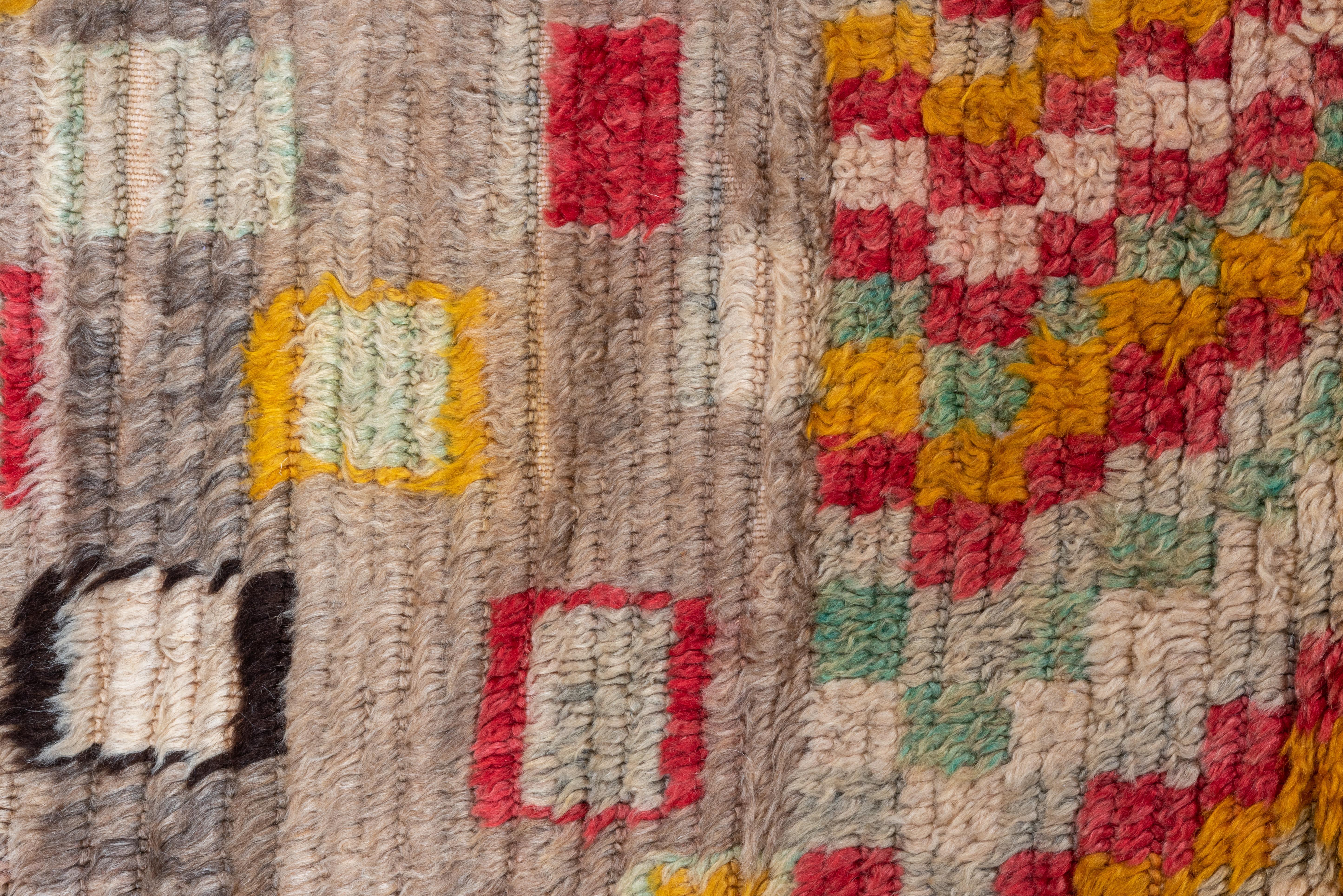 Hand-Knotted Funky & Colorful Vintage Moroccan Rug, Linen & Gray Field, Yellow & Red Accents For Sale
