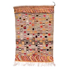 Funky & farbenfroher marokkanischer Vintage-Teppich, Leinen & graues Feld, gelbe und rote Akzente