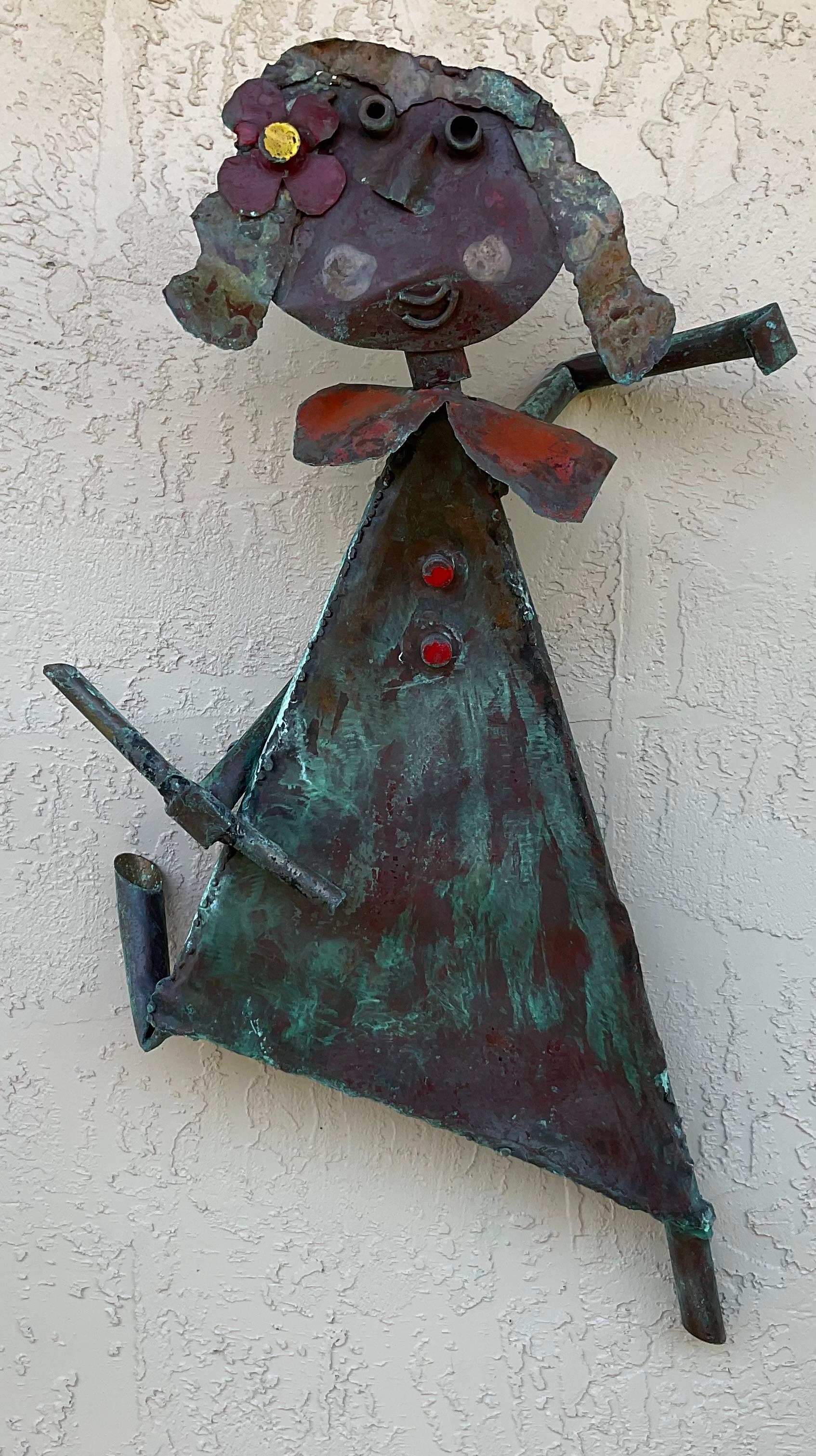 Beautiful hand forged copper sculpture of a lovely girl , artistically hand painted with the original nice outside weathered patina . Will be great as indoor decoration , or outdoor , will not rust. 
There is no signature on the sculpture, although