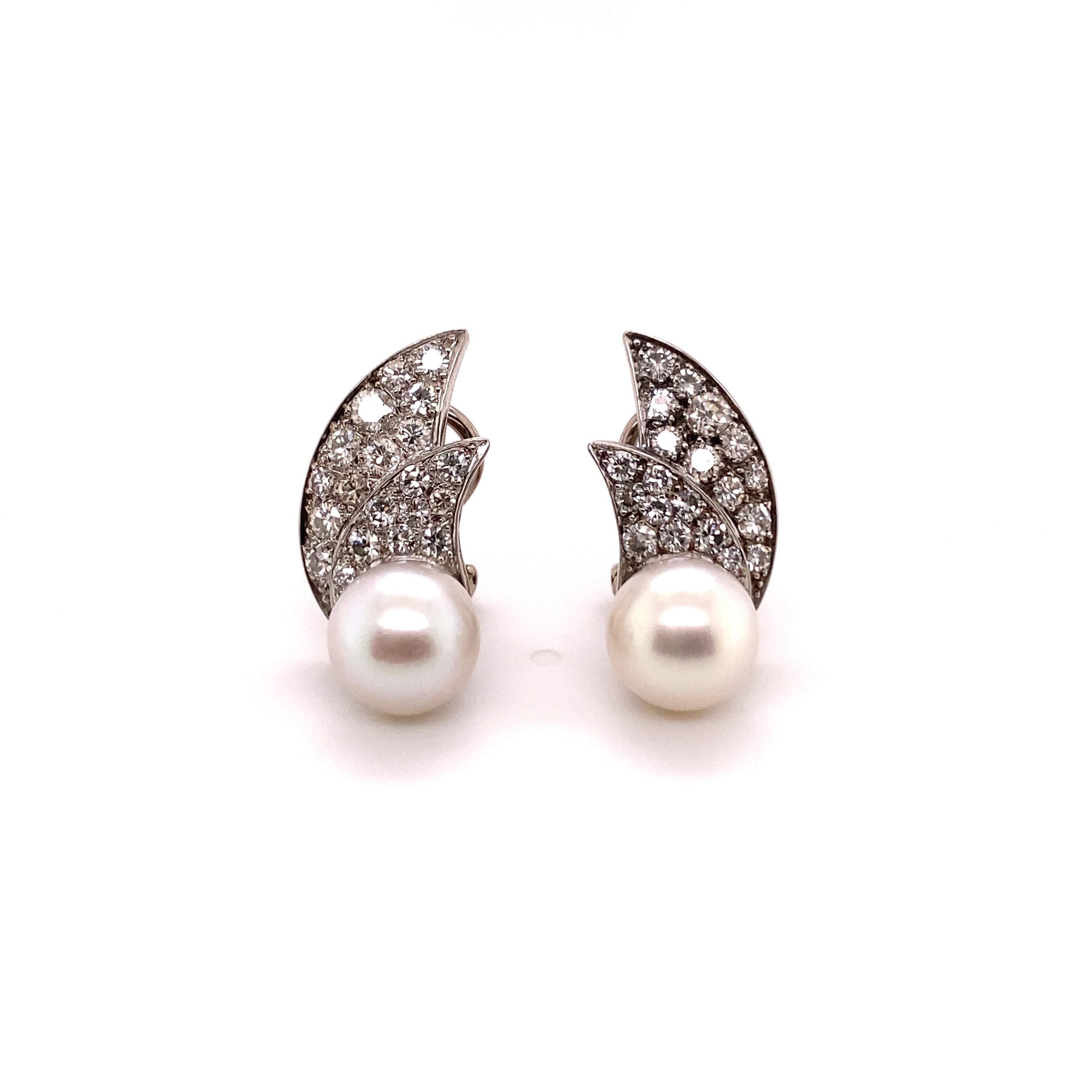 Modern Funky Cultured Pearl and Diamond Ear Clips in Platinum