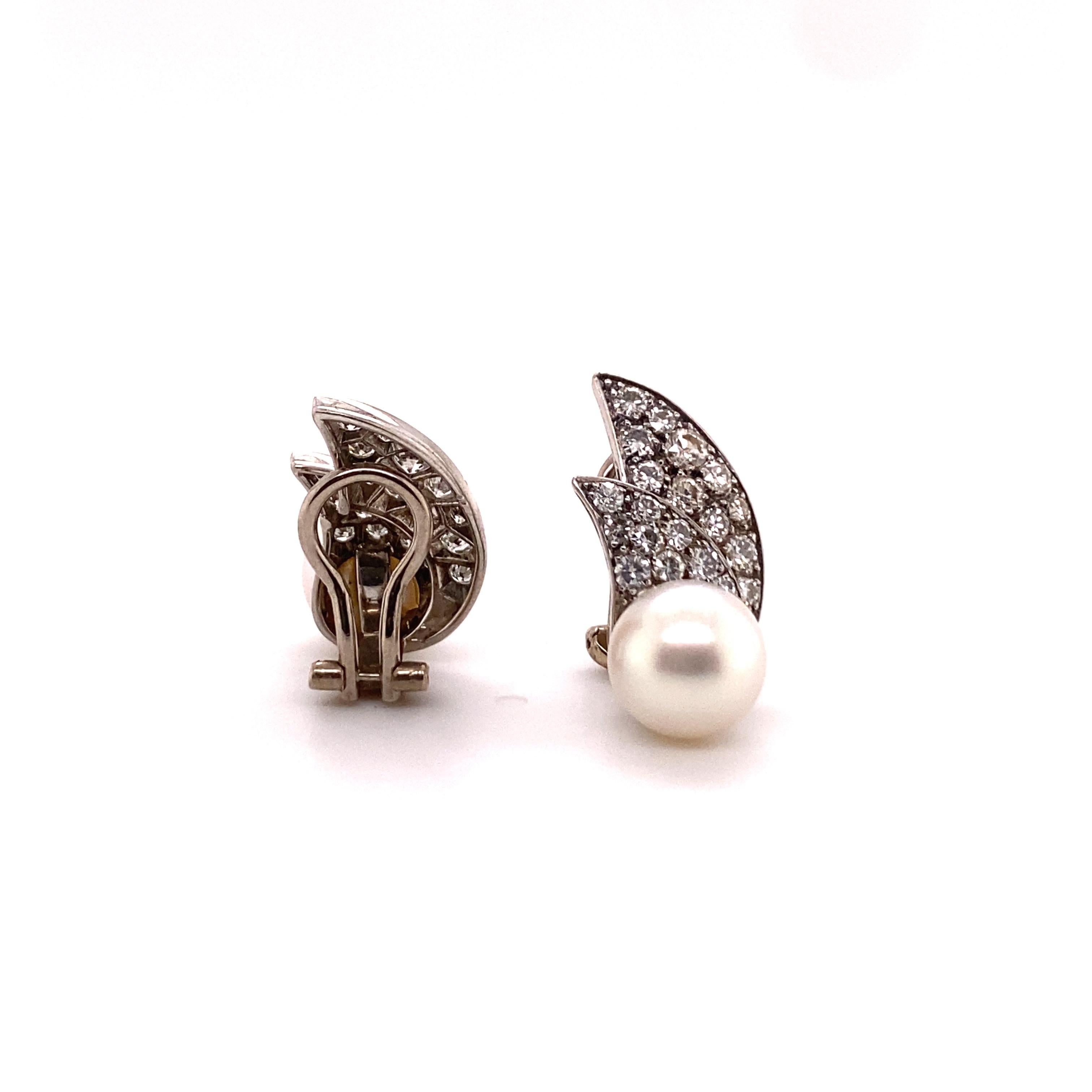 Brilliant Cut Funky Cultured Pearl and Diamond Ear Clips in Platinum