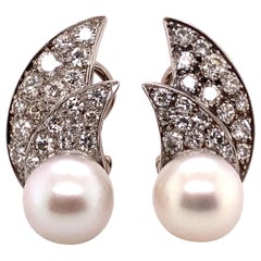 Retro Funky Cultured Pearl and Diamond Ear Clips in Platinum