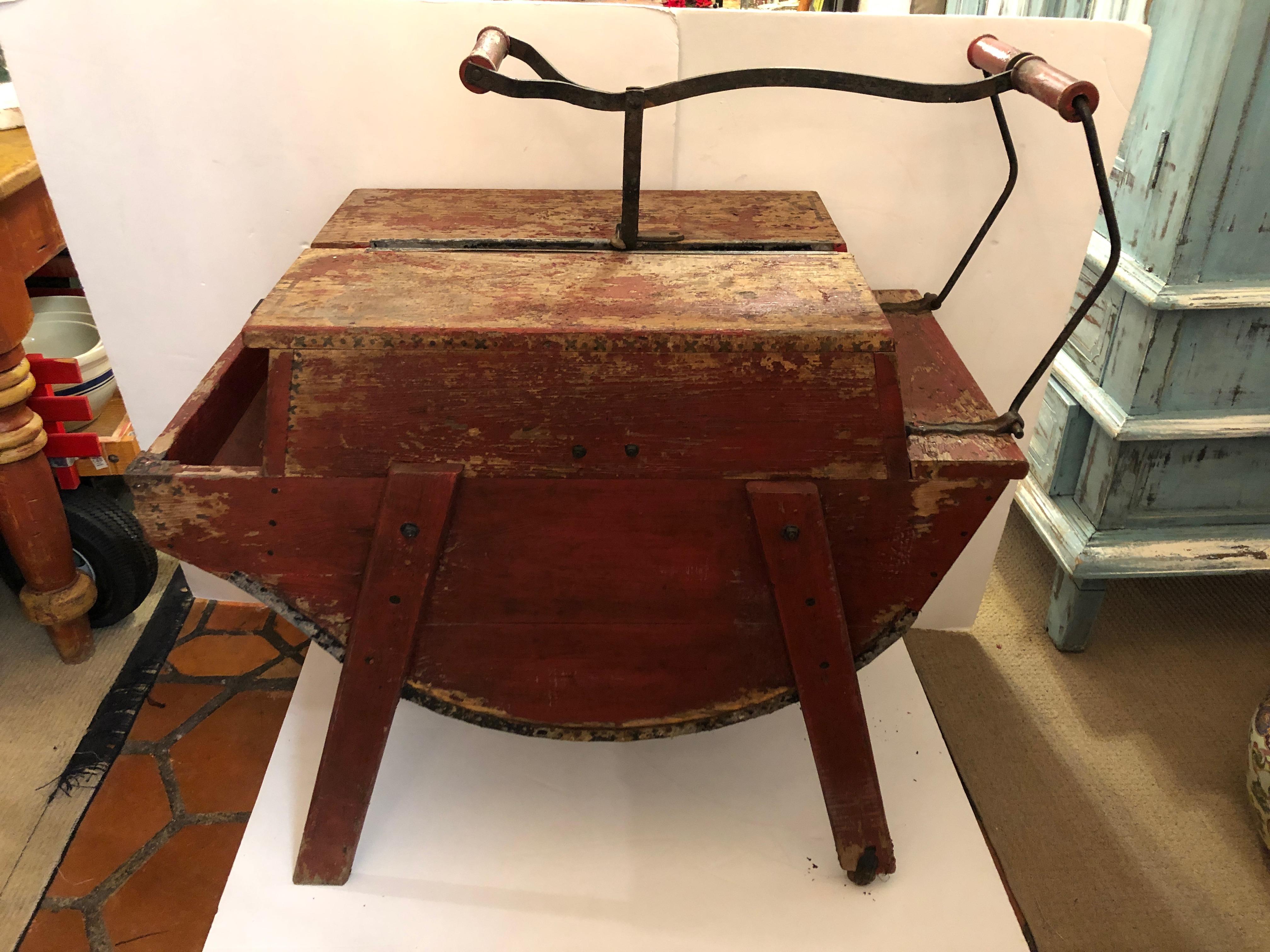 Early 20th Century Funky Distressed Red Wooden Vintage Washing Machine For Sale