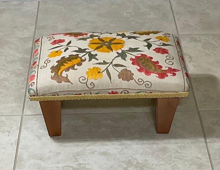 Funky Hand Embroidery Suzani Upholstered Foot Stool For Sale at 1stDibs