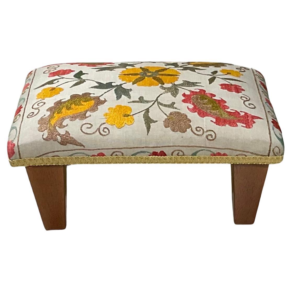 Funky Hand Embroidery Suzani Upholstered Foot Stool For Sale