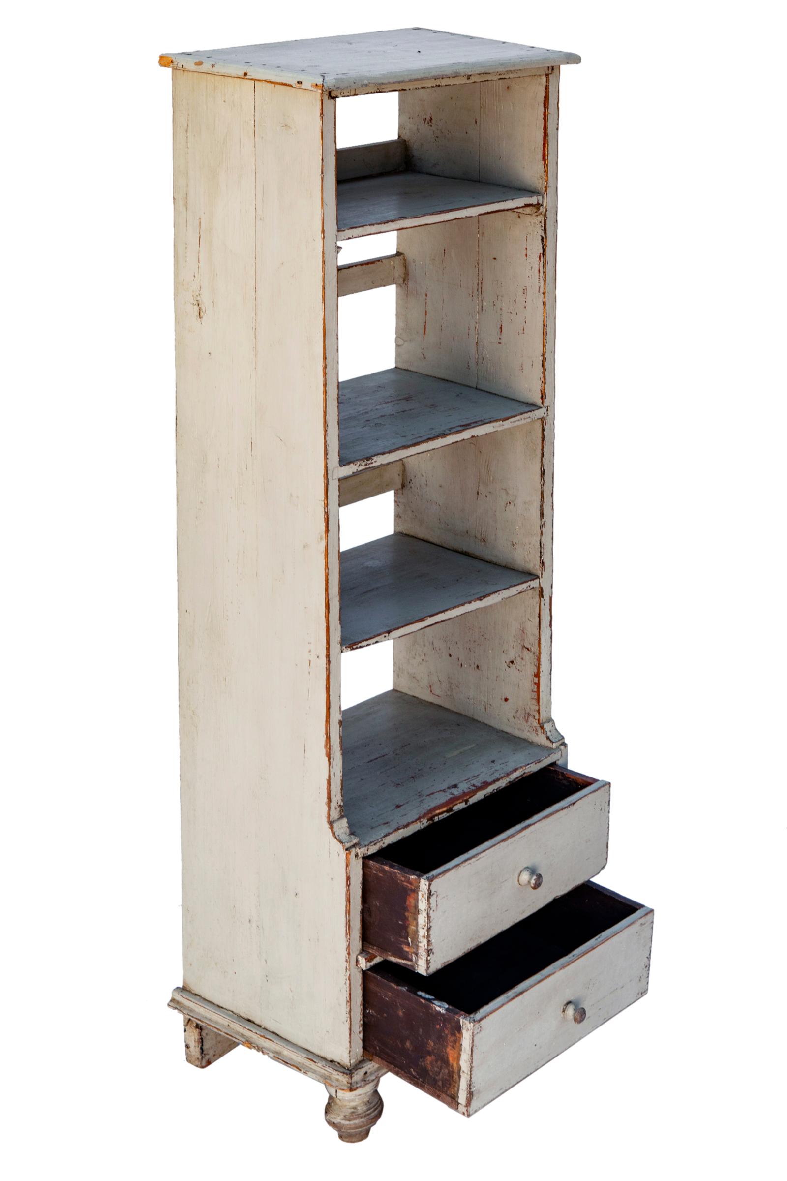 Rustic Shabby Gray Hardwood Standing Shelves w Two Lower Drawers For Sale