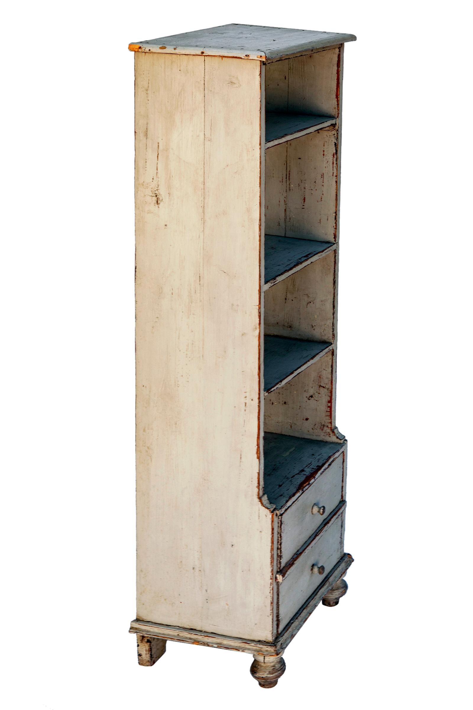American Shabby Gray Hardwood Standing Shelves w Two Lower Drawers For Sale